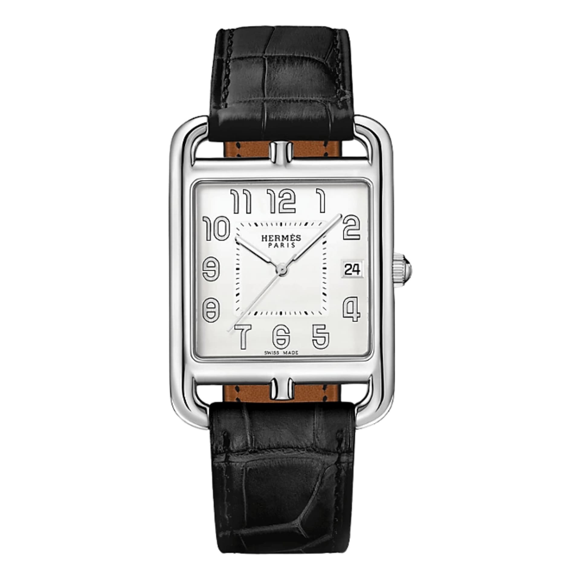 Hermès Montre HERMÈS Cape Cod Quartz cadran argenté bracelet cuir noir 41 mm