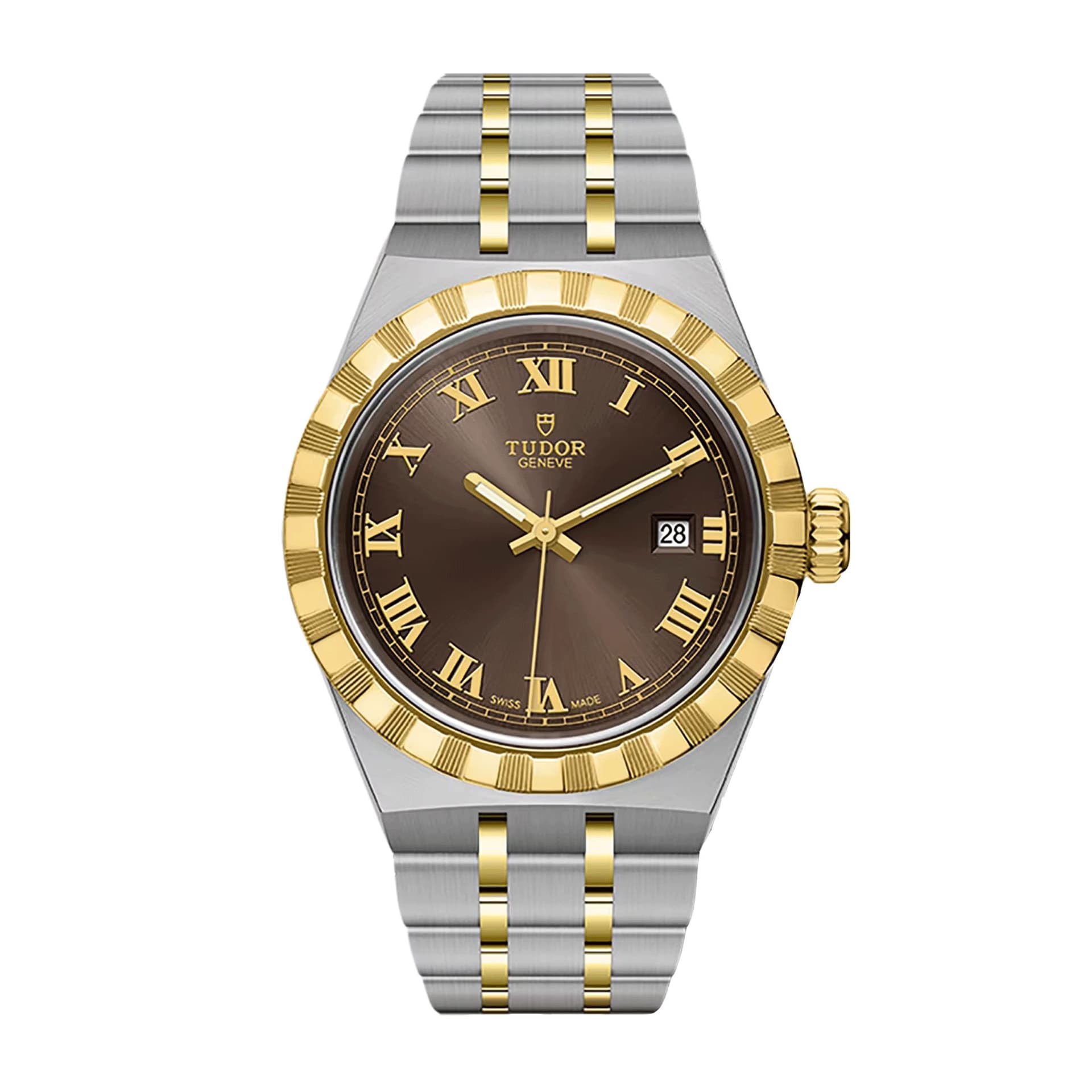 Tudor Montre Tudor Royal automatique lunette or jaune cadran chocolat bracelet acier et or jaune 28 mm