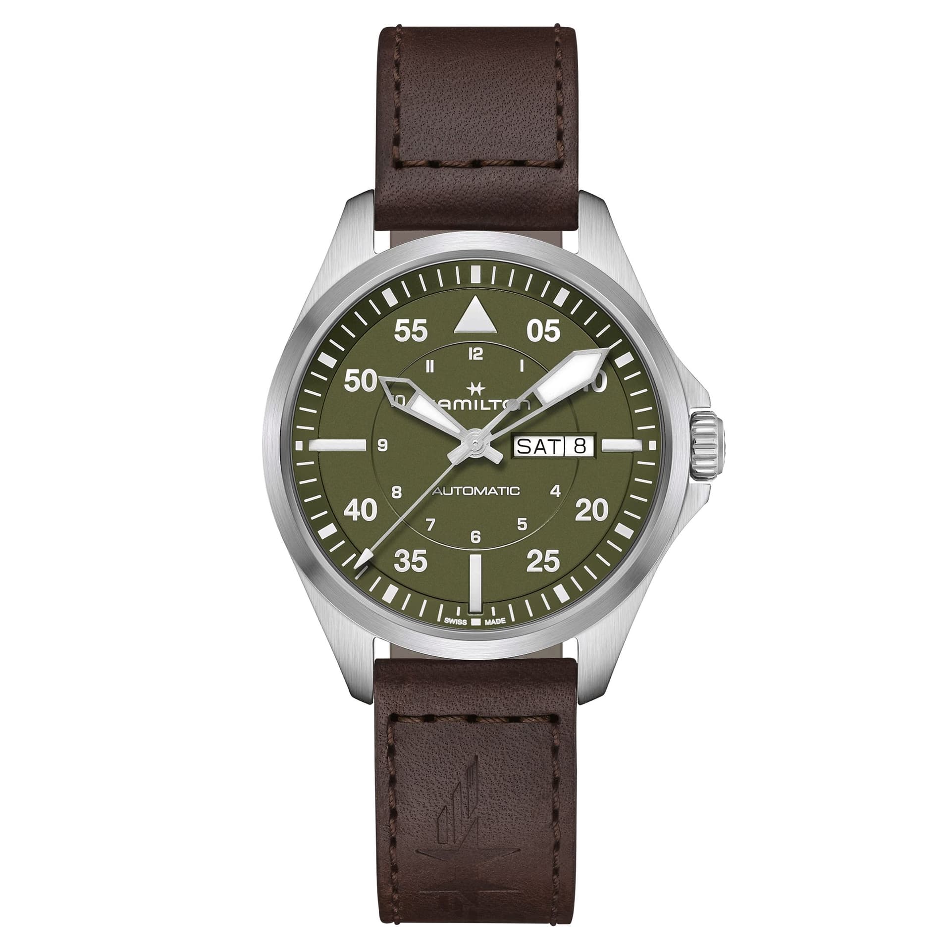 Hamilton Montre Hamilton Khaki Aviation Pilot Day Date automatique cadran vert bracelet cuir brun 42 mm