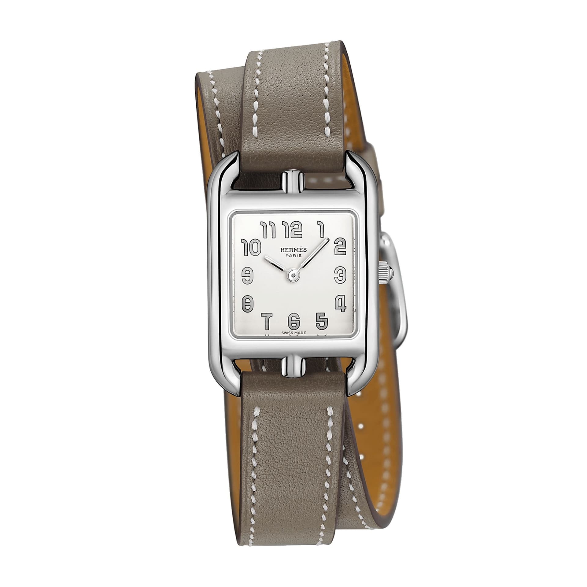 Hermès Montre HERMÈS Cape Cod Petit Modèle quartz cadran argenté bracelet double tour cuir taupe 31 mm