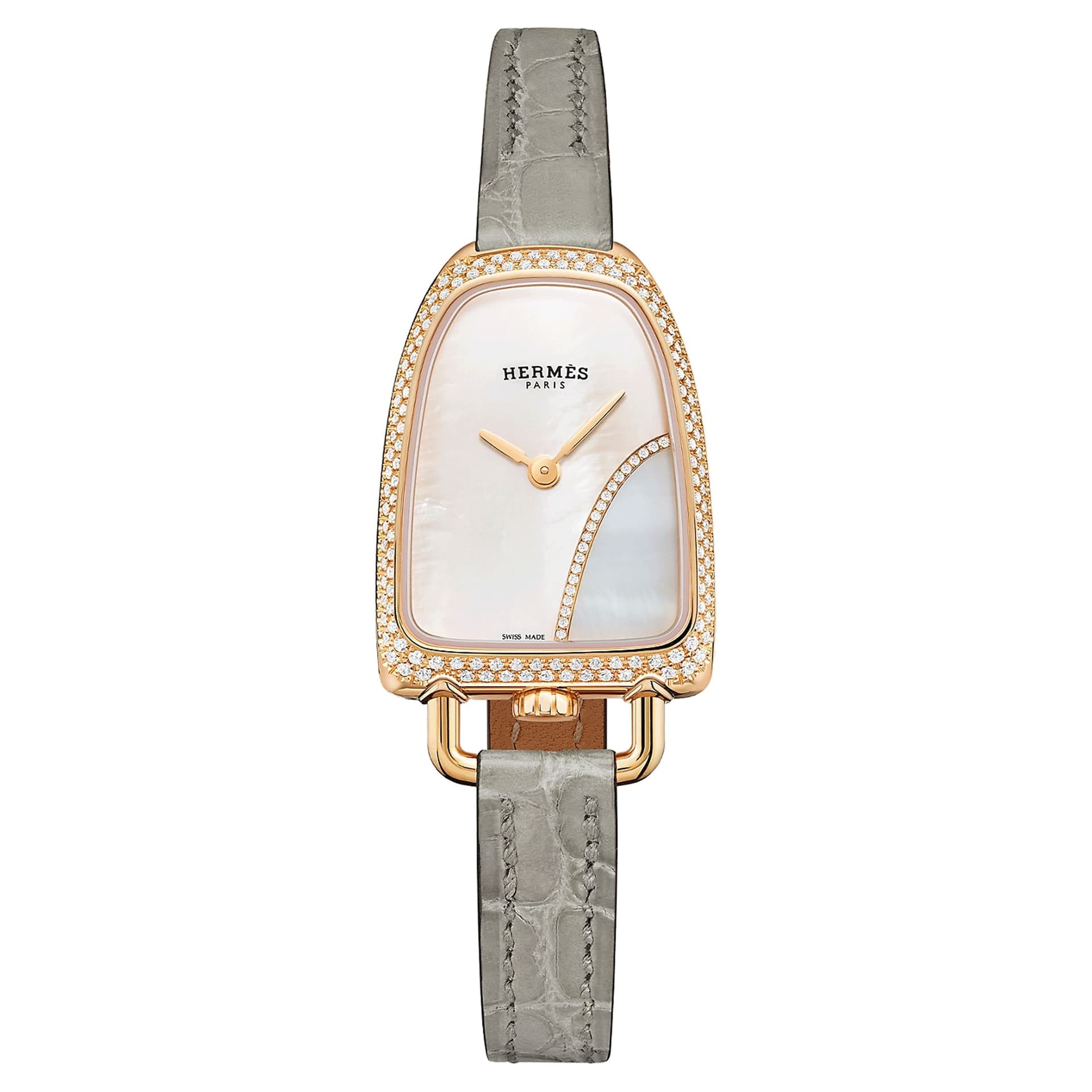 Hermès Montre HERMÈS Galop d'Hermès Moyen Modèle sertie quartz cadran nacre bracelet cuir gris 32 mm