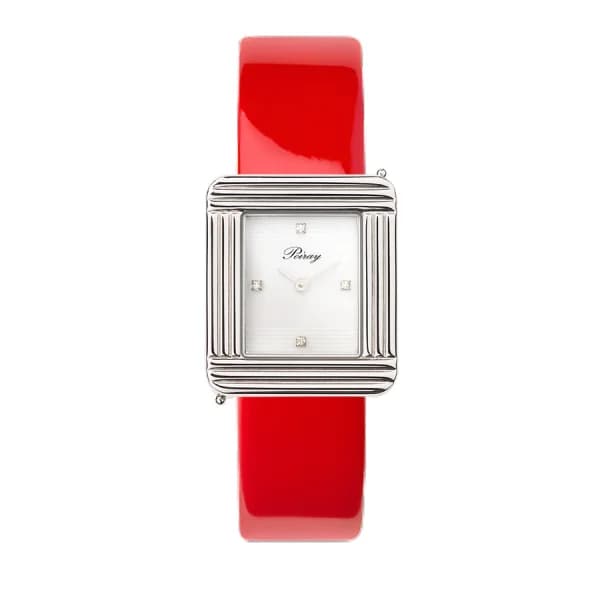 Poiray Montre Poiray Ma Première Cadran Blanc Serti Bracelet Veau Vernis Rouge