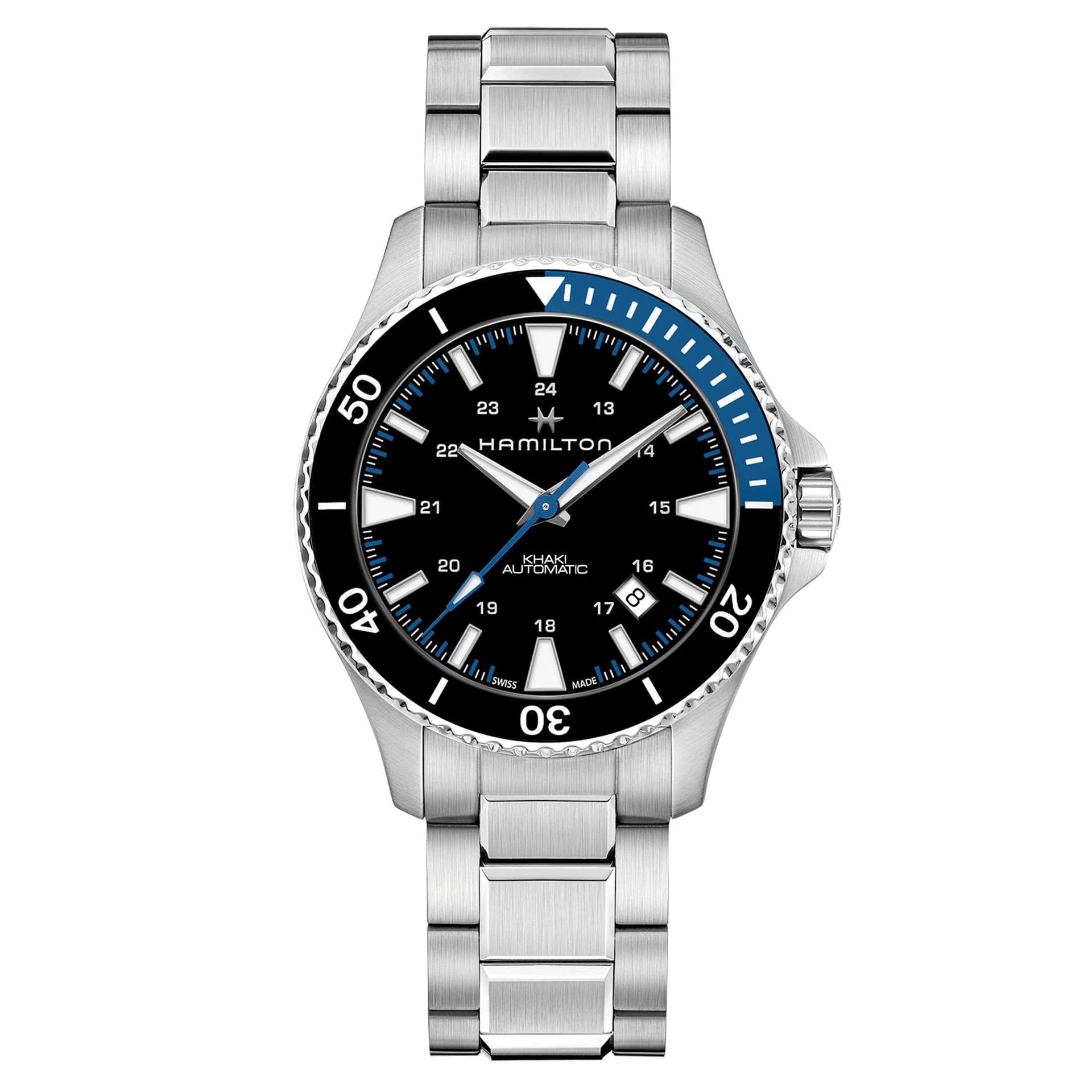Hamilton Montre Hamilton Khaki Navy Scuba automatique cadran noir lunette noire et bleue bracelet acier 40 mm