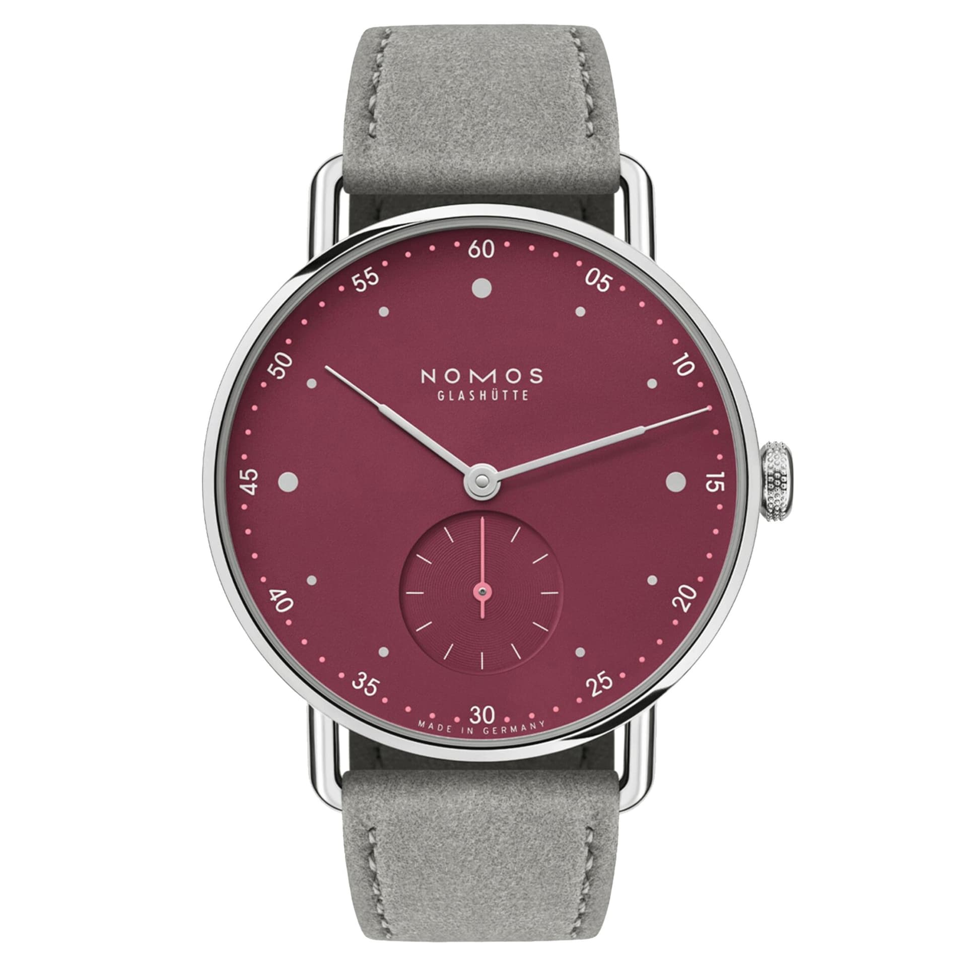 Nomos Montre Nomos Metro Muted Red mécanique fond acier cadran rouge bracelet cuir gris 33 mm