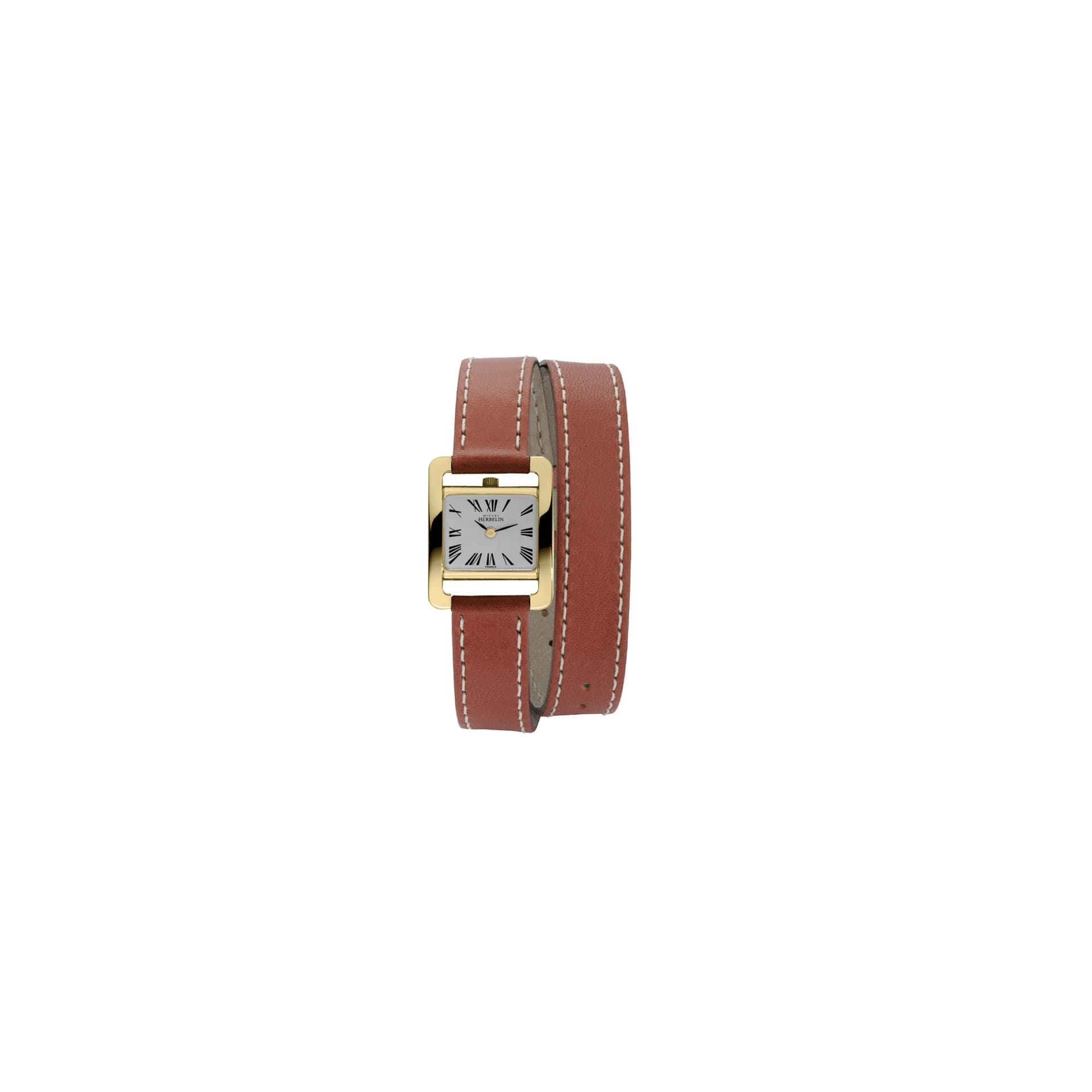 Michel Herbelin Montre Michel Herbelin 5ème Avenue quartz acier PVD or jaune bracelet cuir double tour marron