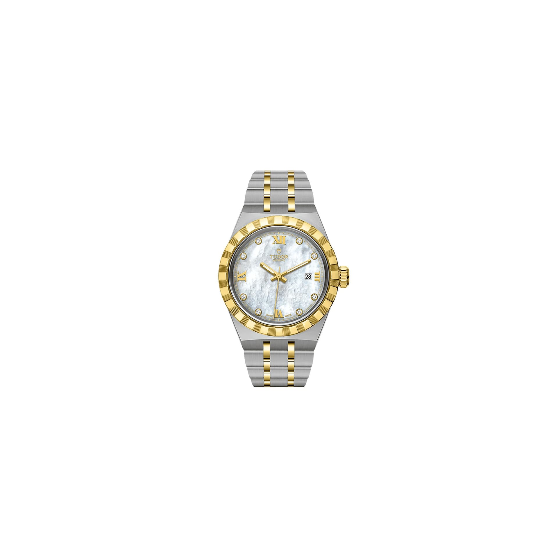 Tudor Montre Tudor Royal automatique index diamants lunette or jaune cadran nacre blanche bracelet acier et or jaune 28 mm