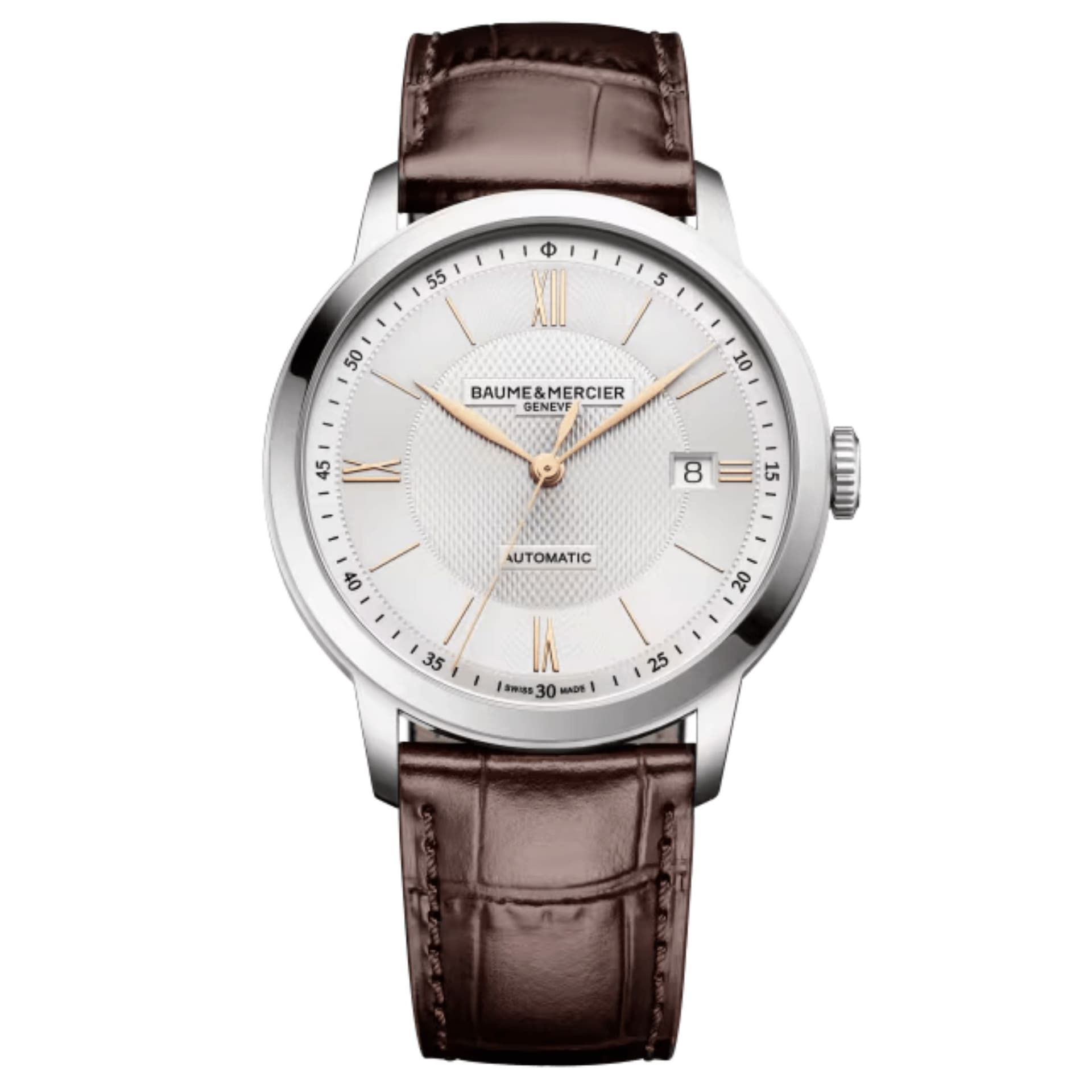 Baume & Mercier Montre Baume et Mercier Classima automatique cadran argenté bracelet cuir marron 40 mm