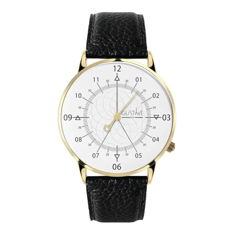 Gustave & Cie Montre 12H Louis Or & Blanc Cuir Noir Réglisse Grainé 36mm