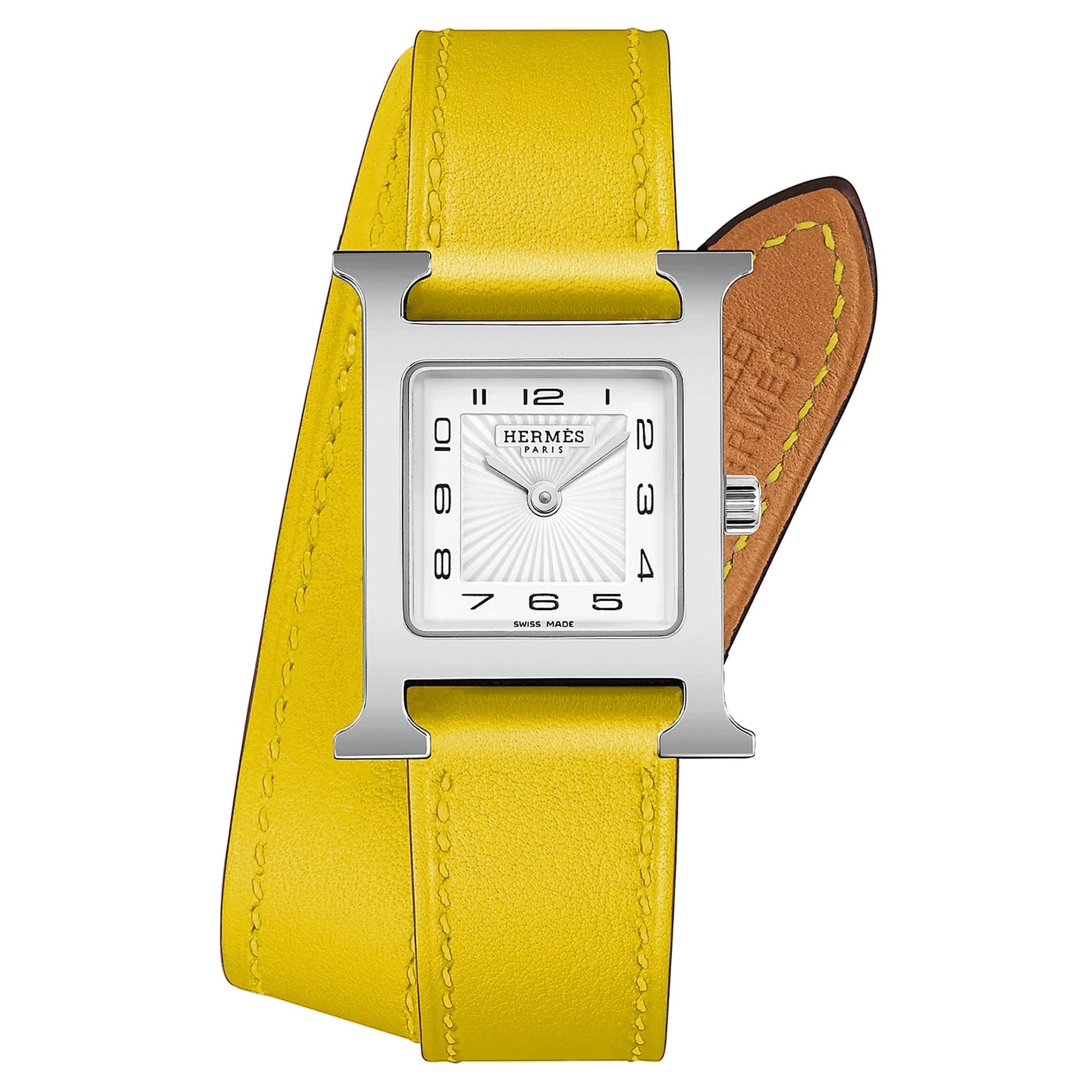 Hermès Montre HERMÈS Heure H Petit Modèle quartz cadran blanc bracelet double tour cuir jaune 25 mm