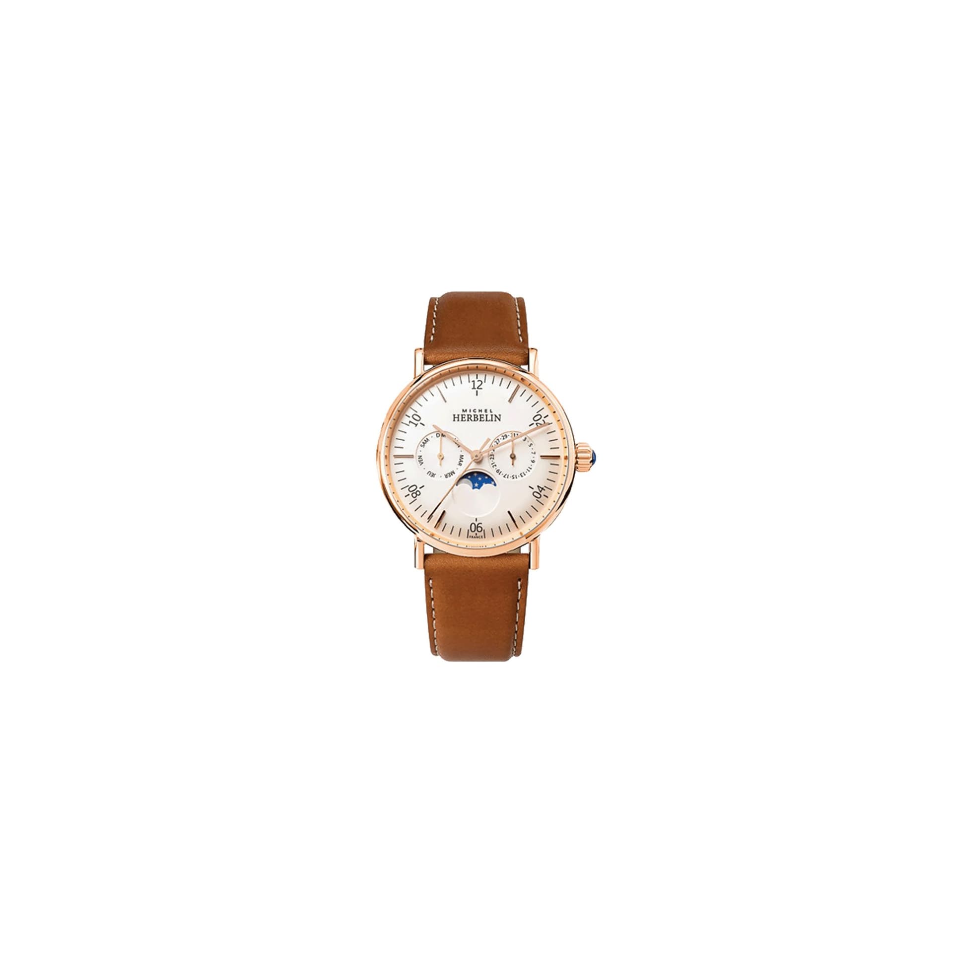 Michel Herbelin Montre Michel Herbelin Inspiration PVD Or rose quartz phase de lune cadran blanc bracelet cuir brun 38 mm
