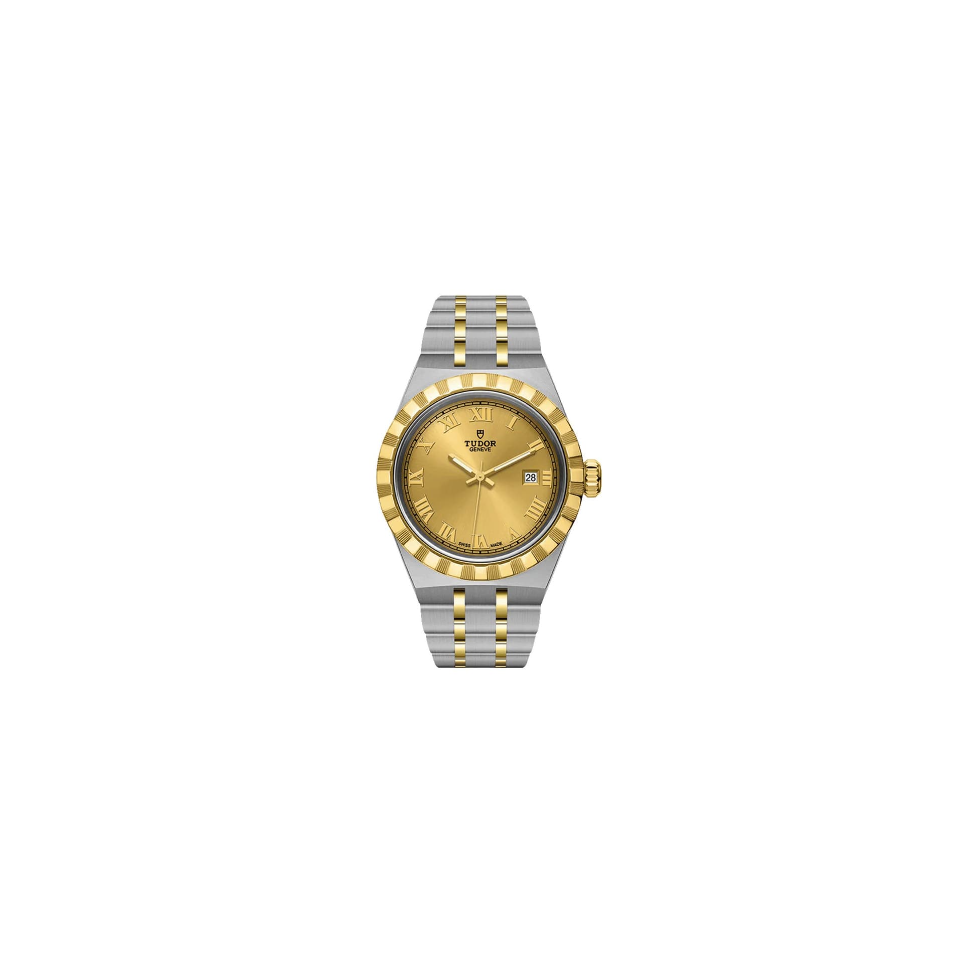 Tudor Montre Tudor Royal automatique index chiffres romains cadran champagne bracelet acier et or jaune 28 mm
