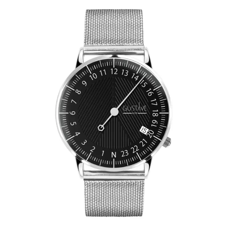 Gustave & Cie Montre 24H André Argent & Noir Milanais Argent 36mm