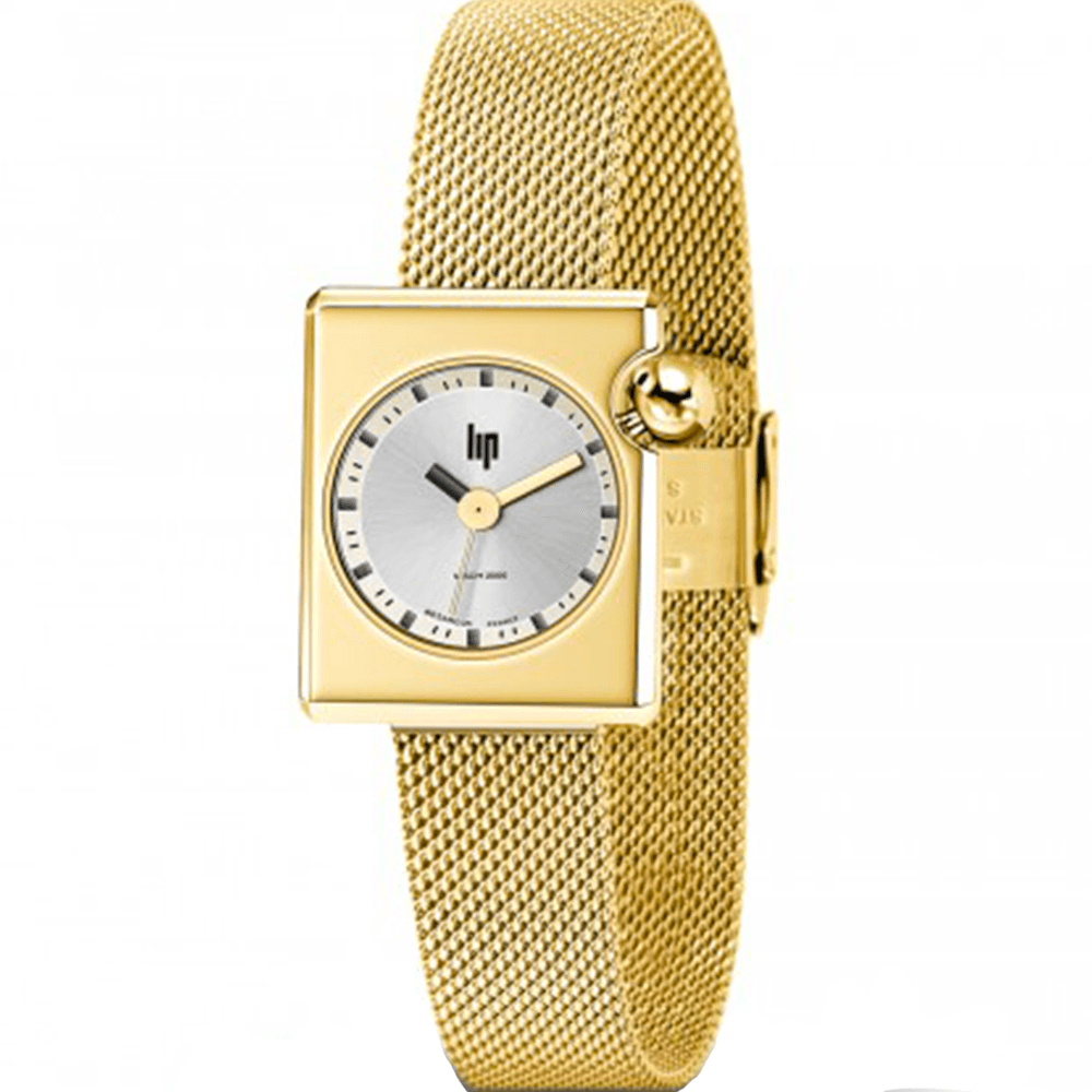 Lip Montre LIP Femme MACH 2000 mini square 30 mm Cadran doré lunette intérieure blanche bracelet milanais doré