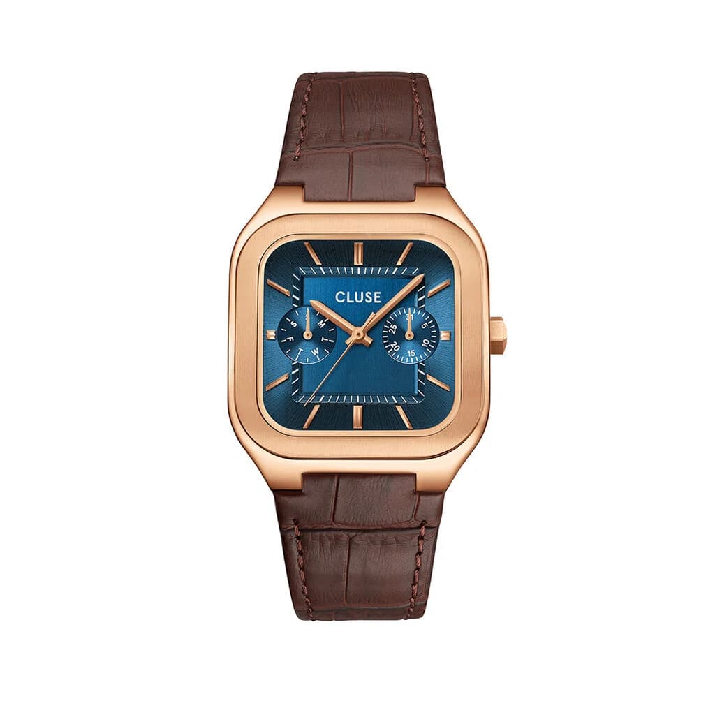 Cluse Quadrus Multifunction Watch Leather, Blue, Rose Gold Colour