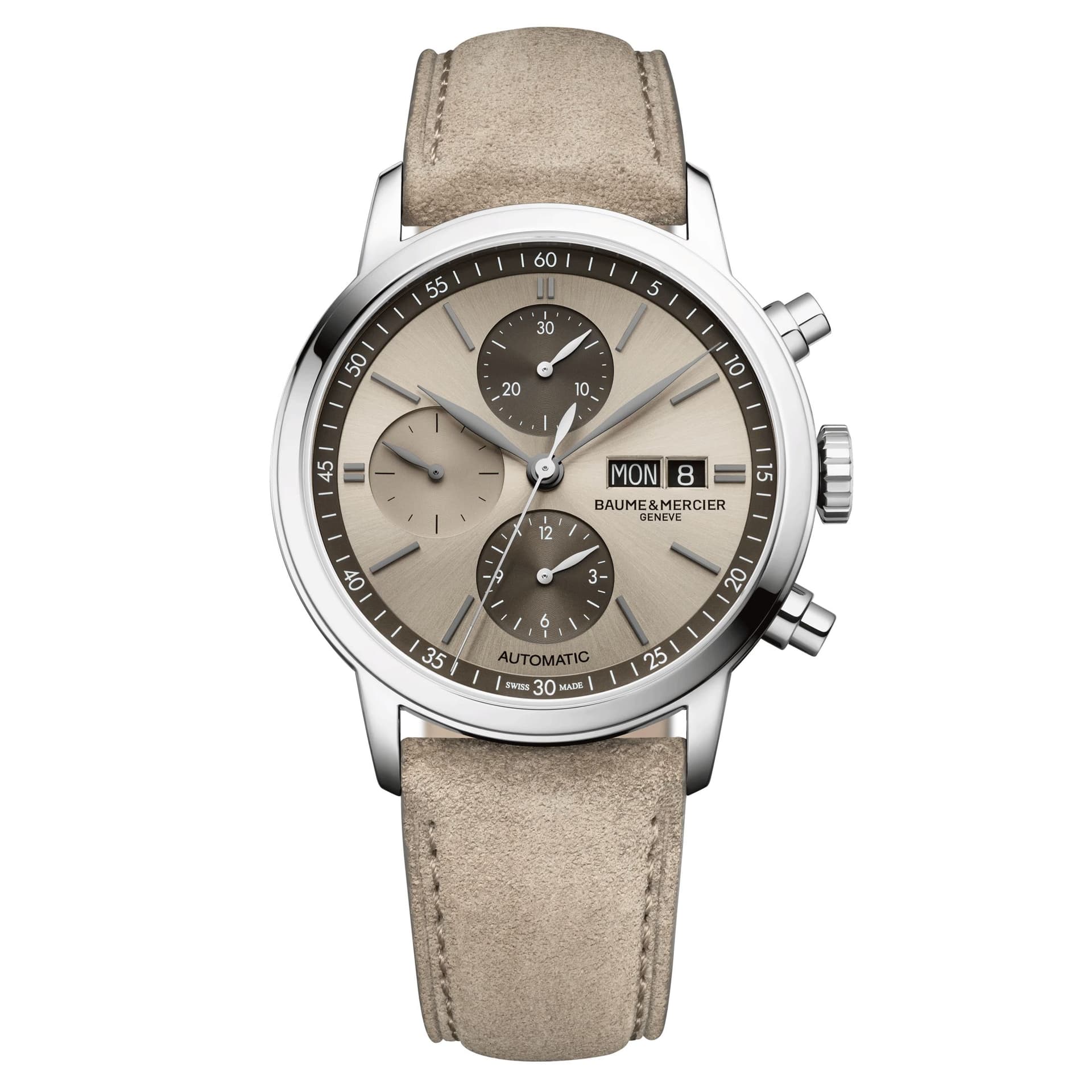 Baume & Mercier Montre Baume et Mercier Classima Chronographe automatique cadran gris bracelet cuir sable 42 mm