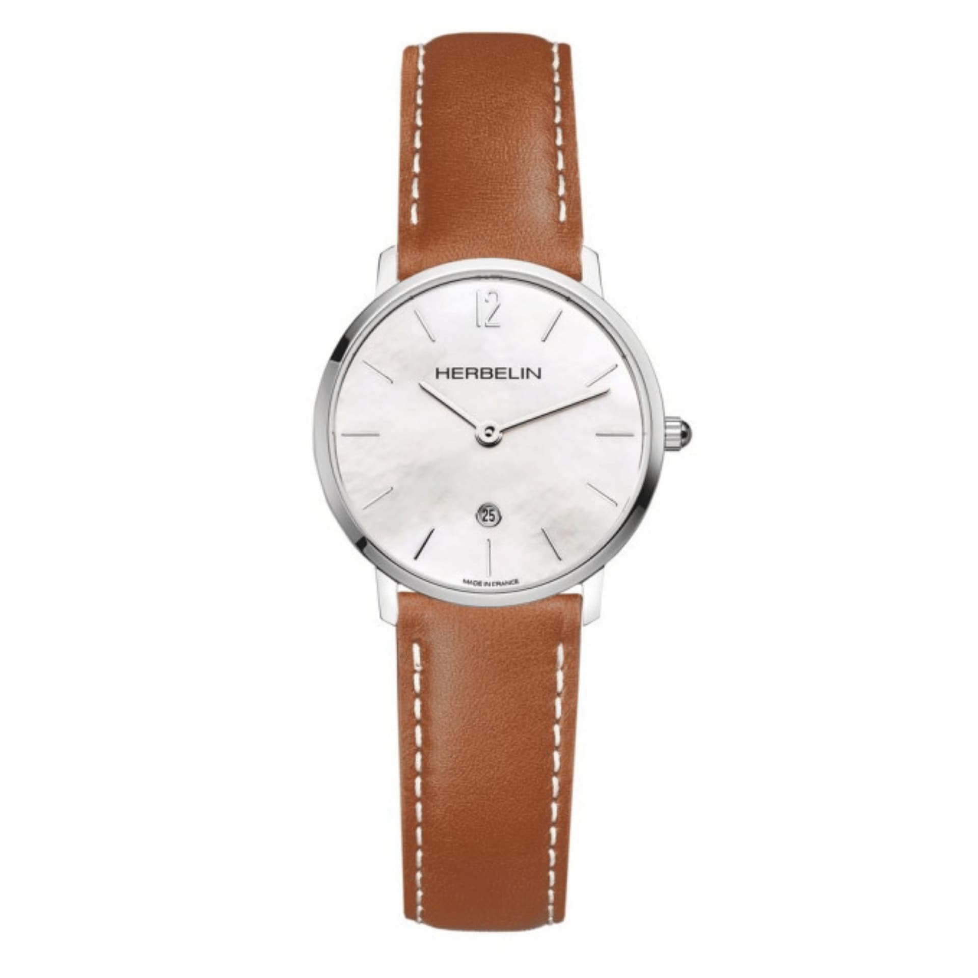Michel Herbelin Montre Michel Herbelin City quartz cadran nacre blanche bracelet cuir brun 30,50 mm