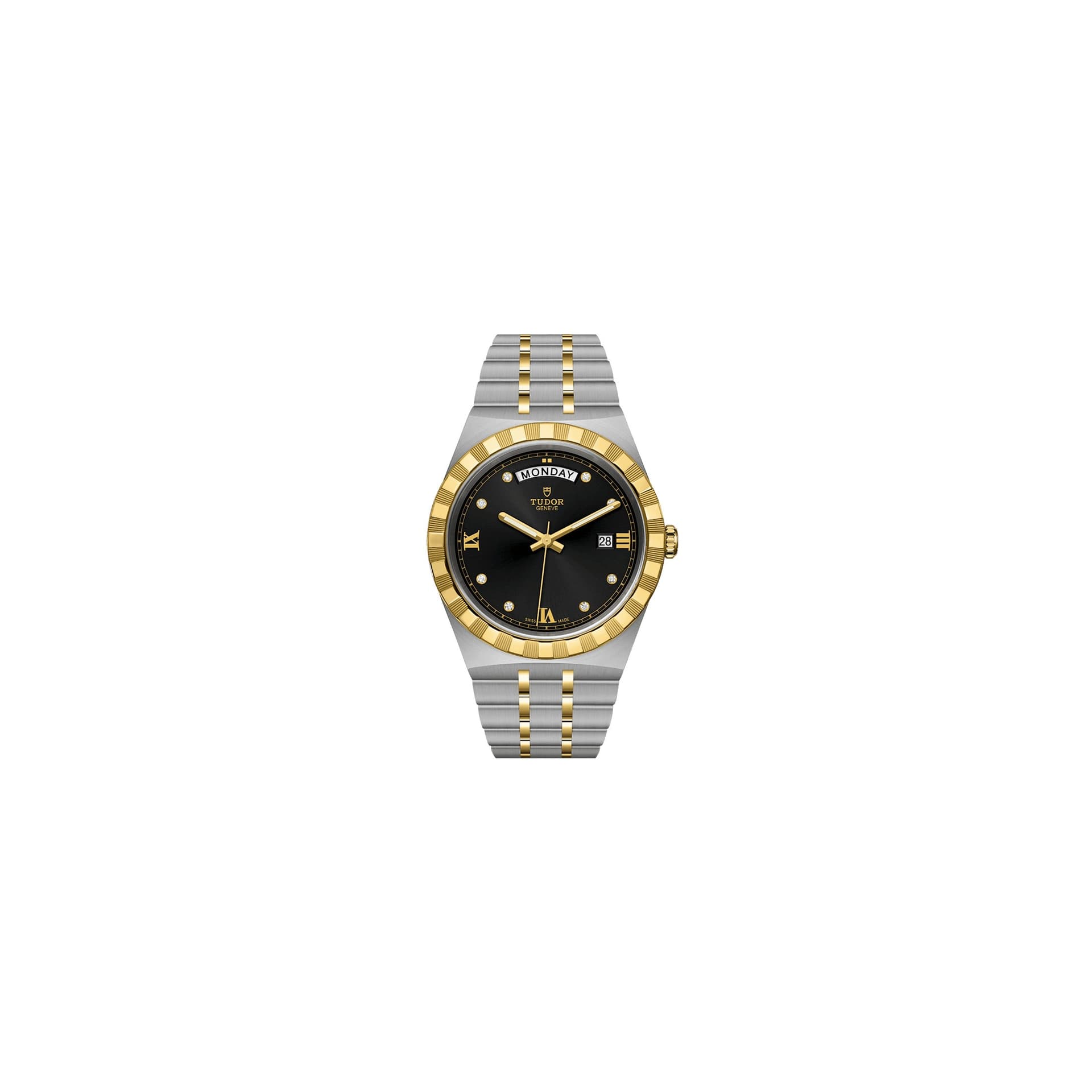 Tudor Montre Tudor Royal automatique guichet jour index diamants cadran noir bracelet acier et or jaune 41 mm