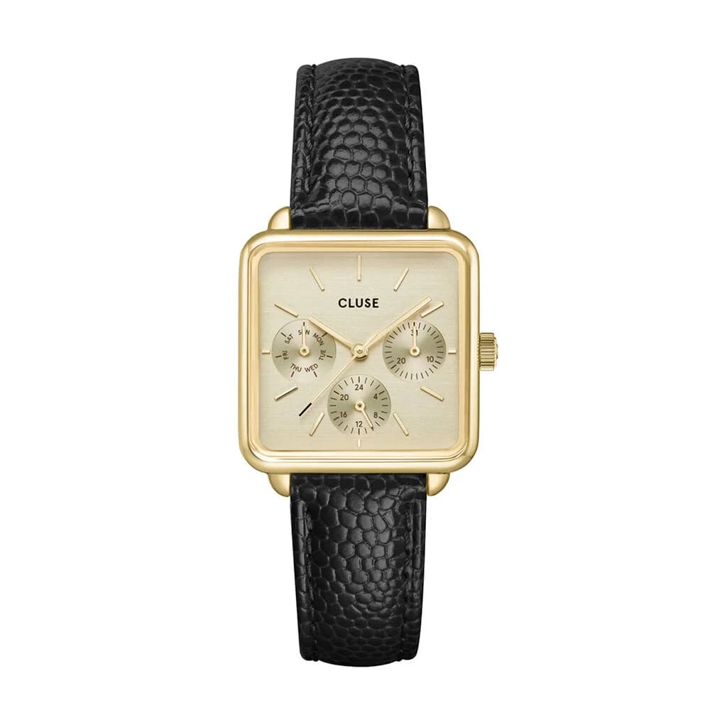 Cluse La Tétragone Multifunction Watch Leather, Black Lizard, Gold Colour