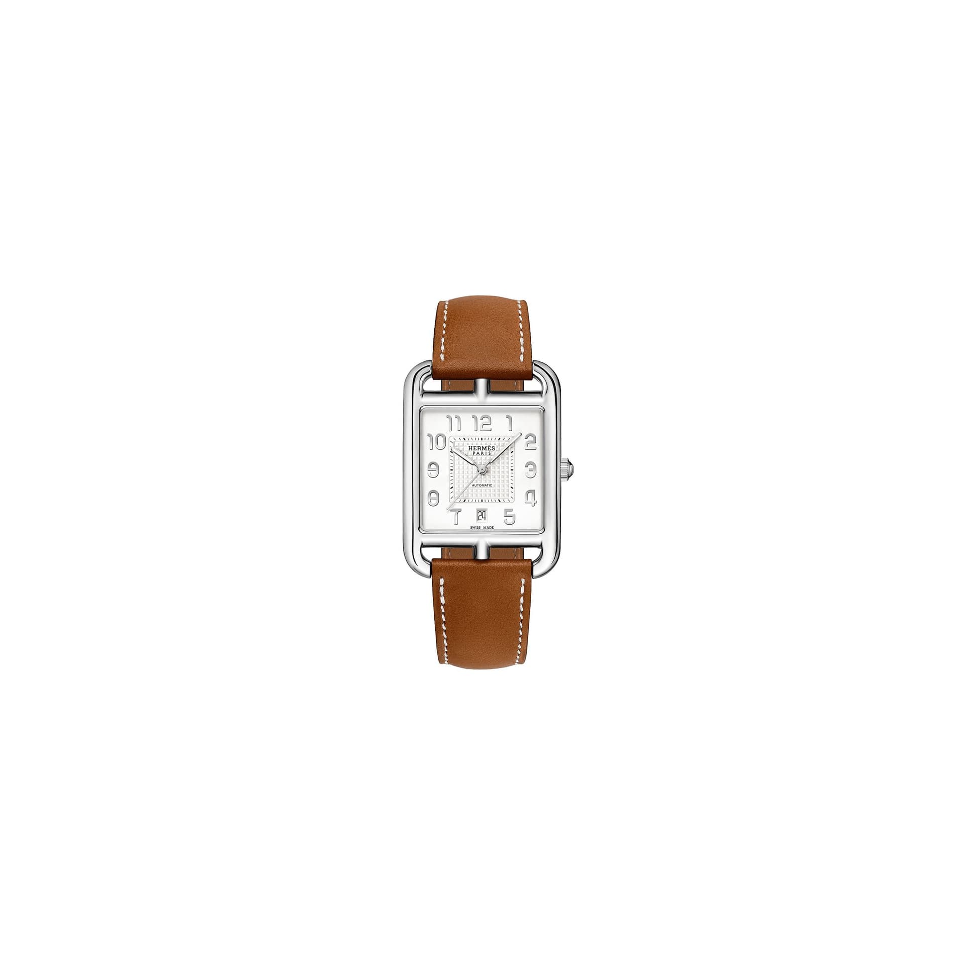 Hermès Montre HERMÈS Cape Cod Très Grand Modèle automatique cadran argenté opalin bracelet cuir marron 41 mm