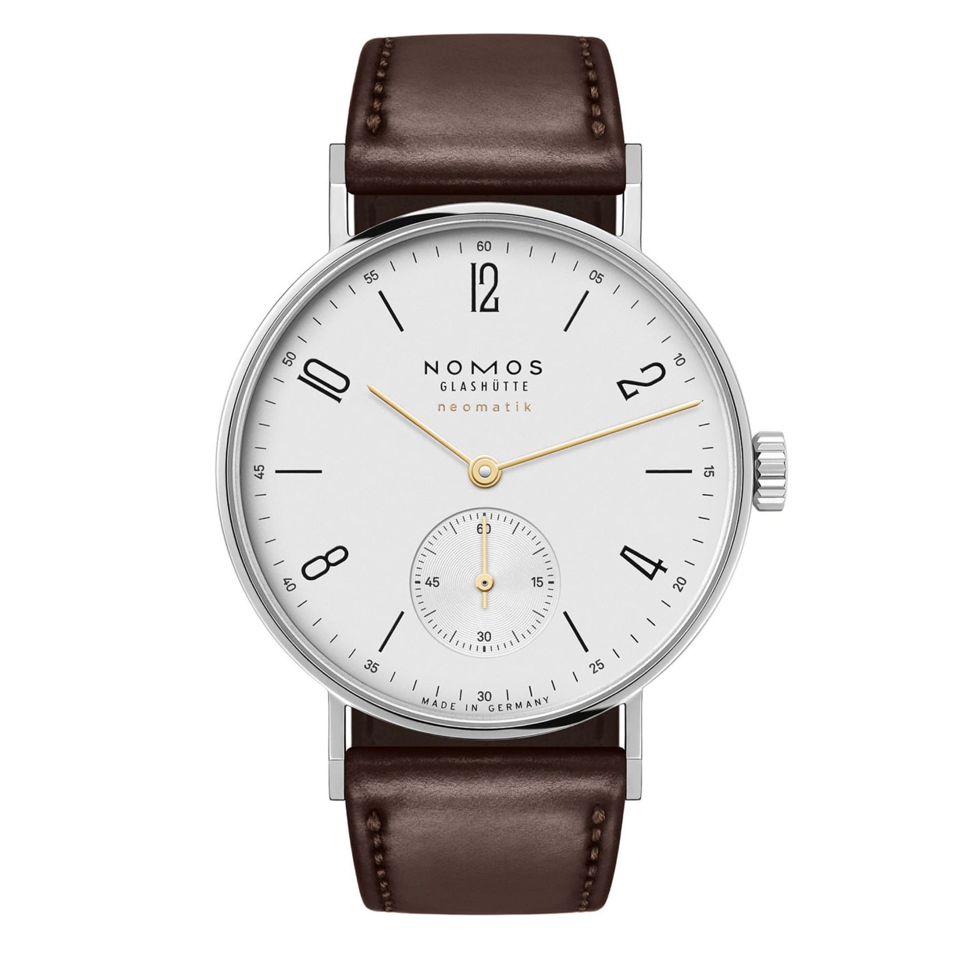 Nomos Montre Nomos Tangente Neomatik Doré automatique cadran galvanisé bracelet cuir fond acier 35 mm