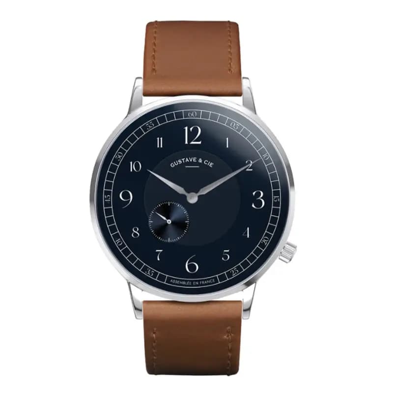 Gustave & Cie Montre 12H Hector Argent & Bleu Cuir Marron Havane Surpiqué 40mm