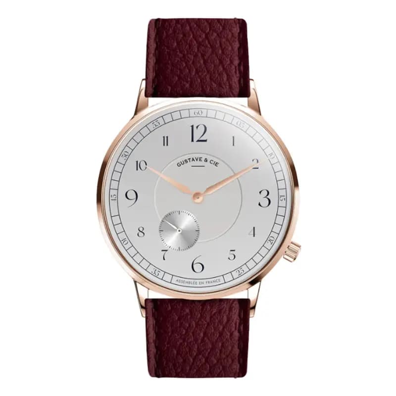 Gustave & Cie Montre 12H Hector Or Rose & Blanc Cuir Bordeaux Grainé 36mm