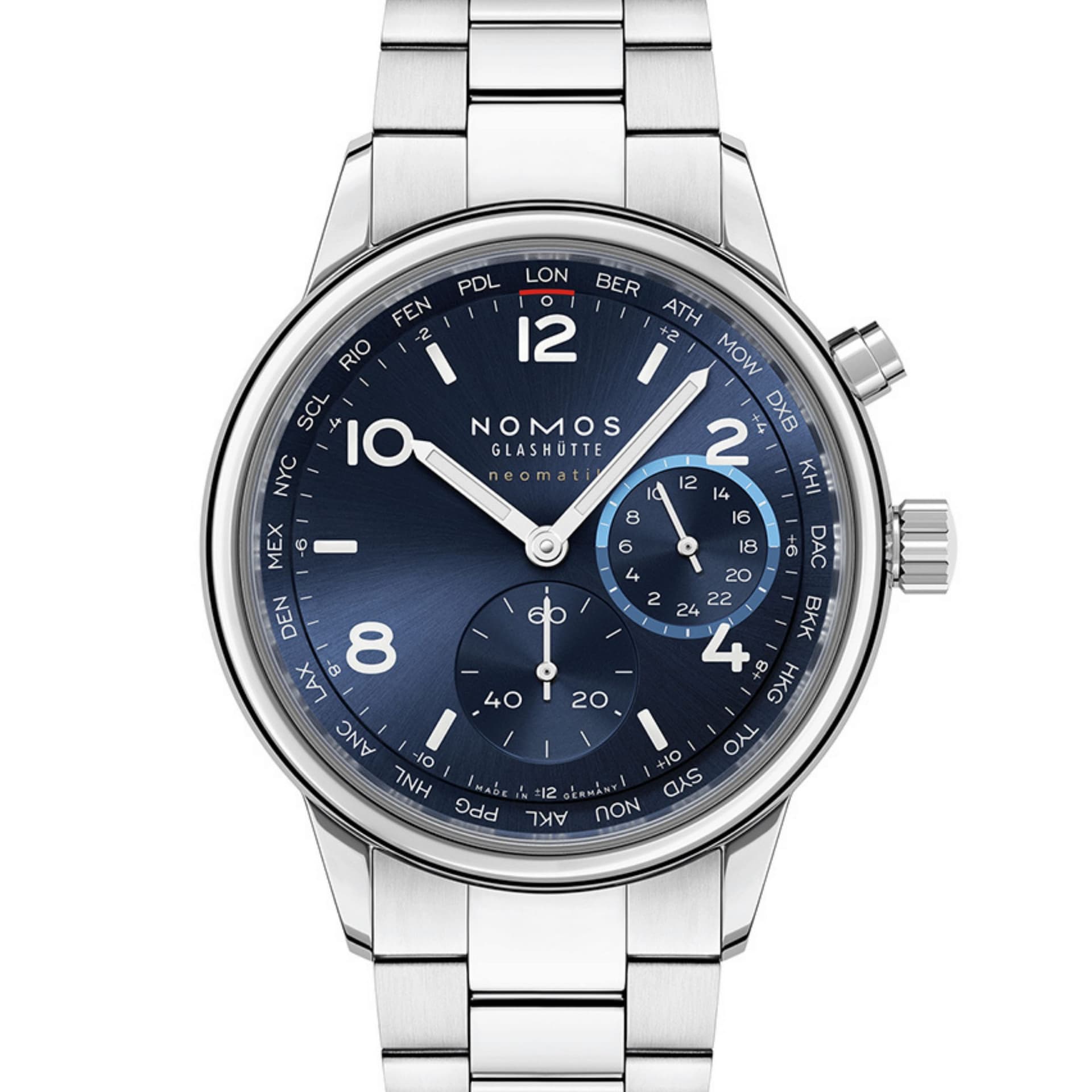 Nomos Montre Nomos Club Sport Neomatik Worldtimer Mondial cadran bleu bracelet acier 40 mm