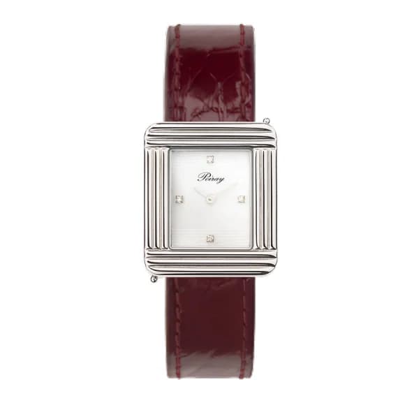 Poiray Montre Poiray Ma Première Cadran Blanc Serti Bracelet Alligator Bordeaux
