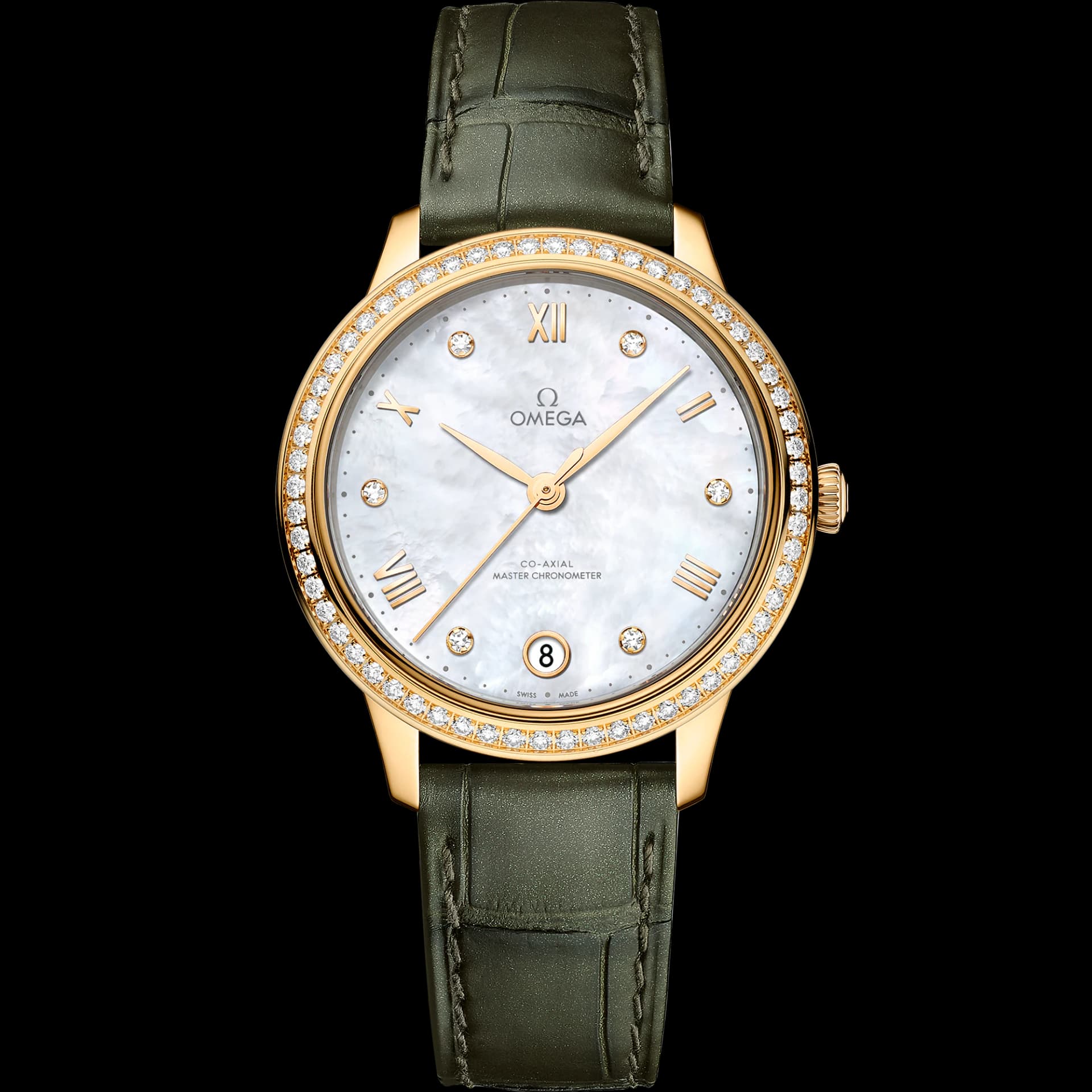 Omega De Ville 34 mm, or jaune sur bracelet en cuir