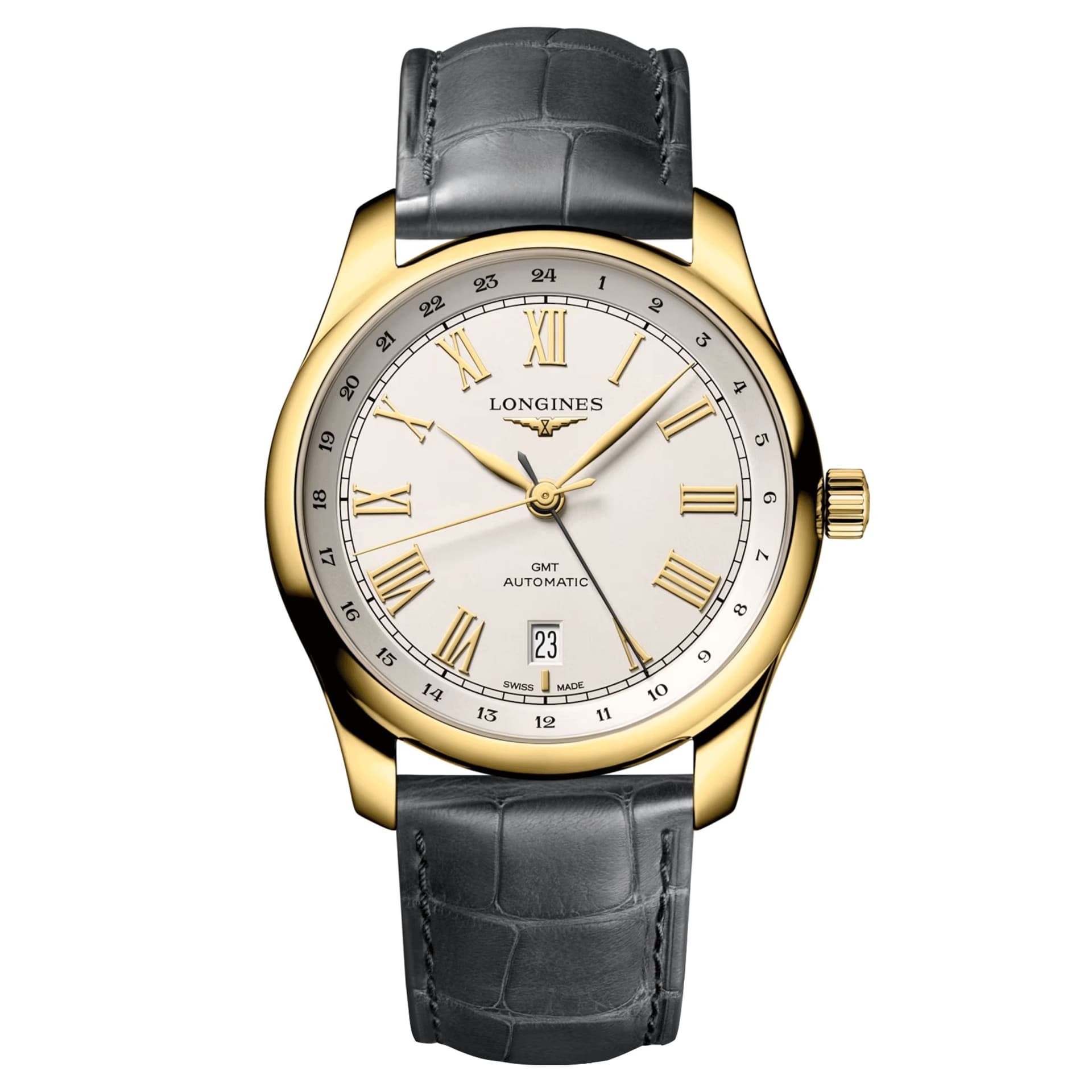 Longines Montre Longines Master Collection GMT Or Jaune automatique cadran argent bracelet cuir gris 40 mm