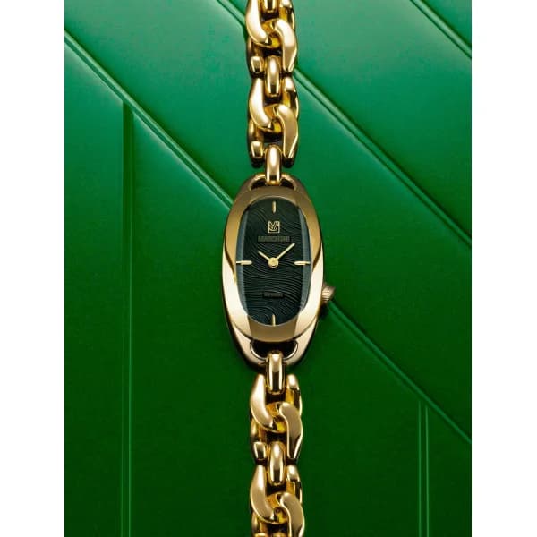 March LA.B Montre March LA.B Oblongue Drapée Emerald 20 mm Bracelet Gourmette Dorée
