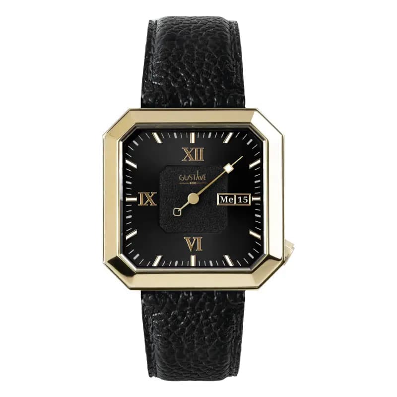 Gustave & Cie Montre 12H Marie Or & Noir Cuir Noir Grainé 34mm