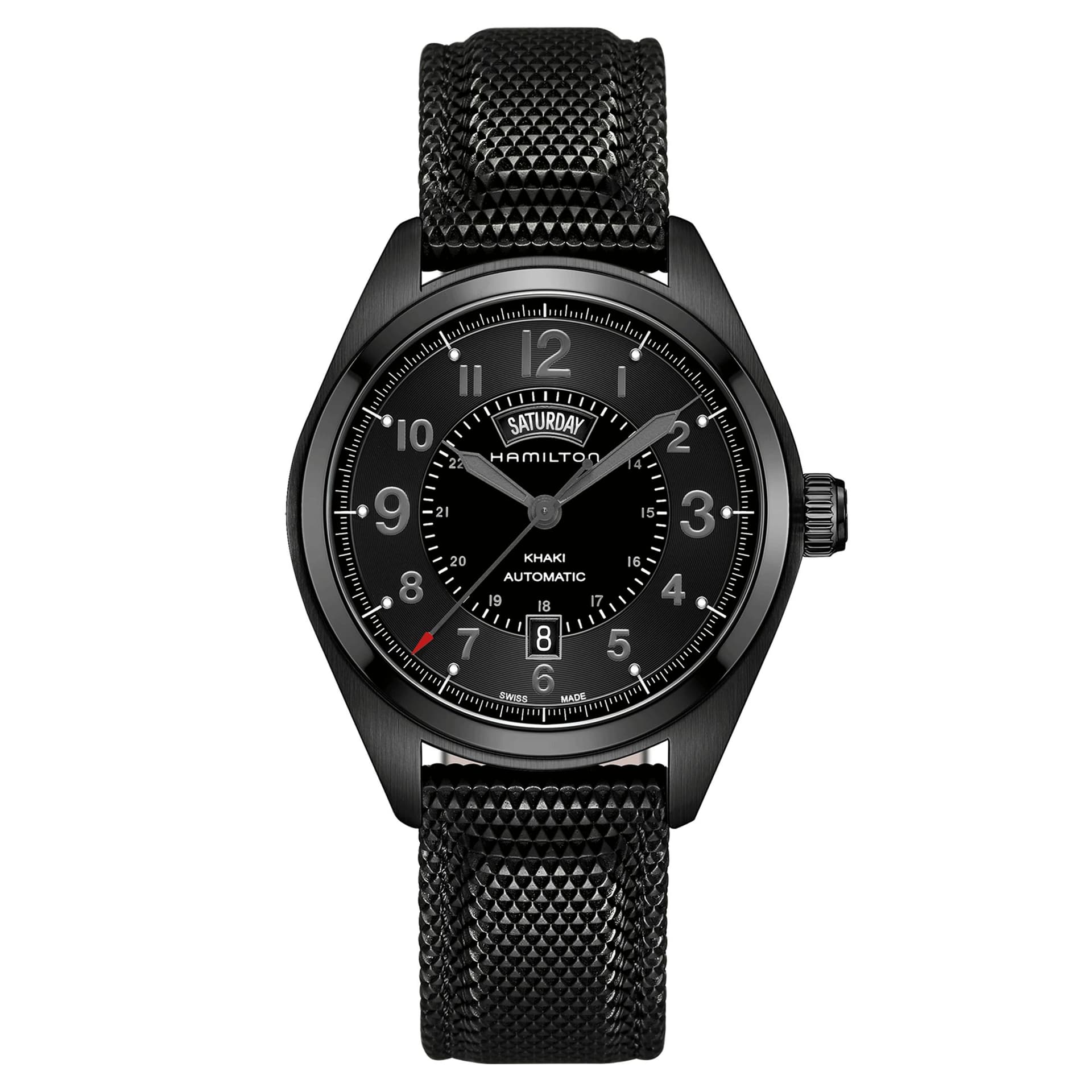 Hamilton Montre Hamilton Khaki Field Day Date automatique cadran noir bracelet cuir textile noir 42 mm