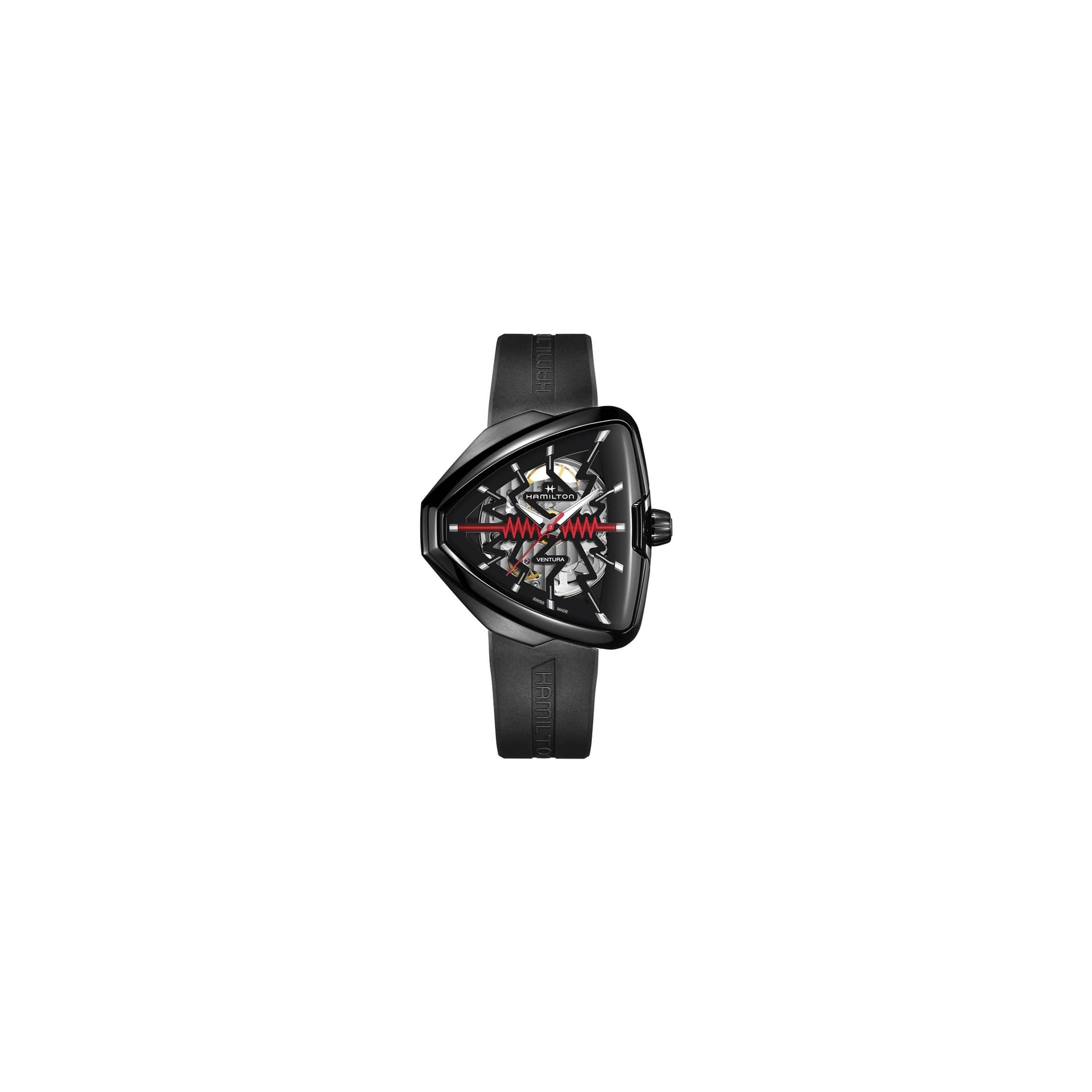Hamilton Montre Hamilton Ventura Elvis80 Skeleton automatique cadran PVD noir bracelet caoutchouc noir 42,50 x 44,60 mm