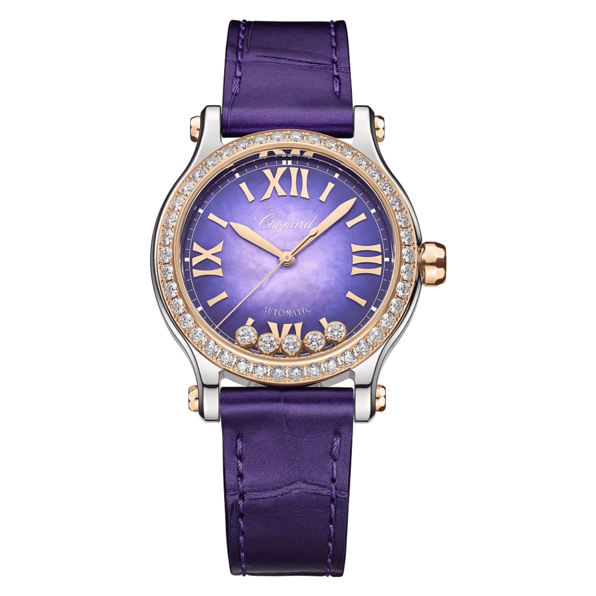 Chopard Montre Chopard Happy Sport automatique lunette sertie cadran nacre perlée violette bracelet cuir violet 33 mm