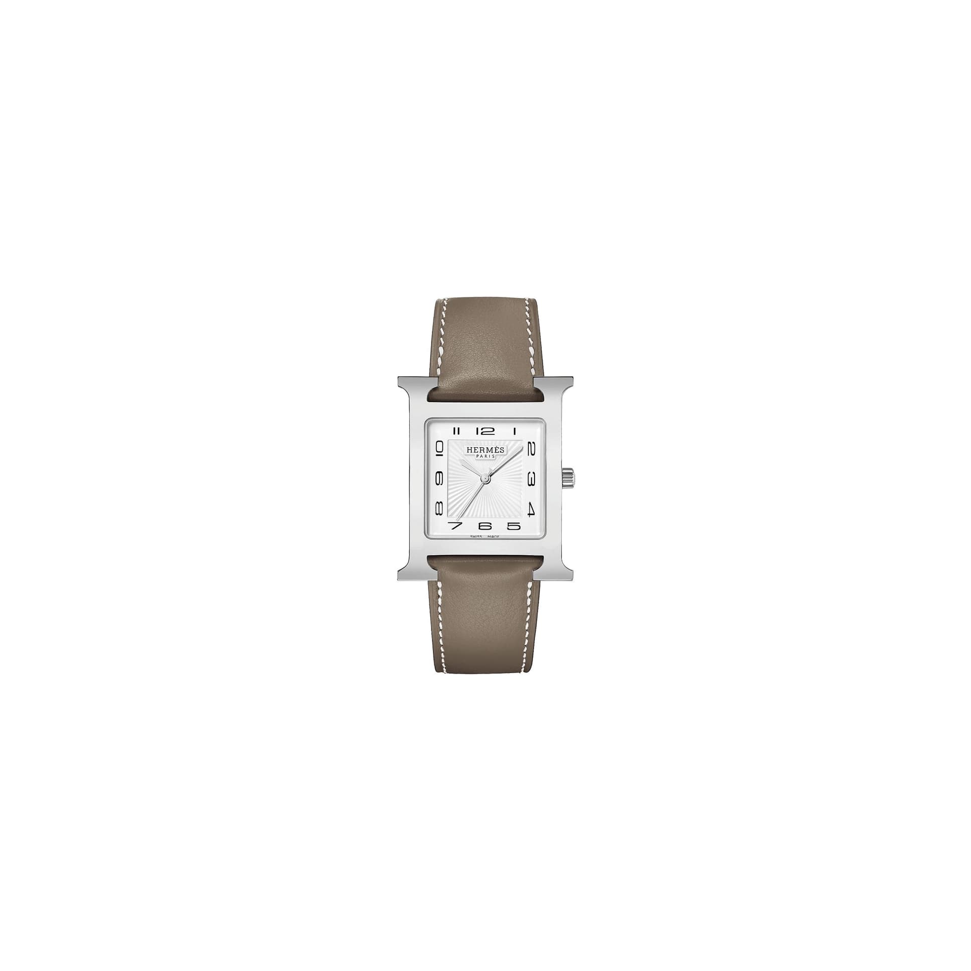 Hermès Montre HERMÈS Heure H Grand Modèle quartz cadran blanc bracelet cuir taupe 34 mm