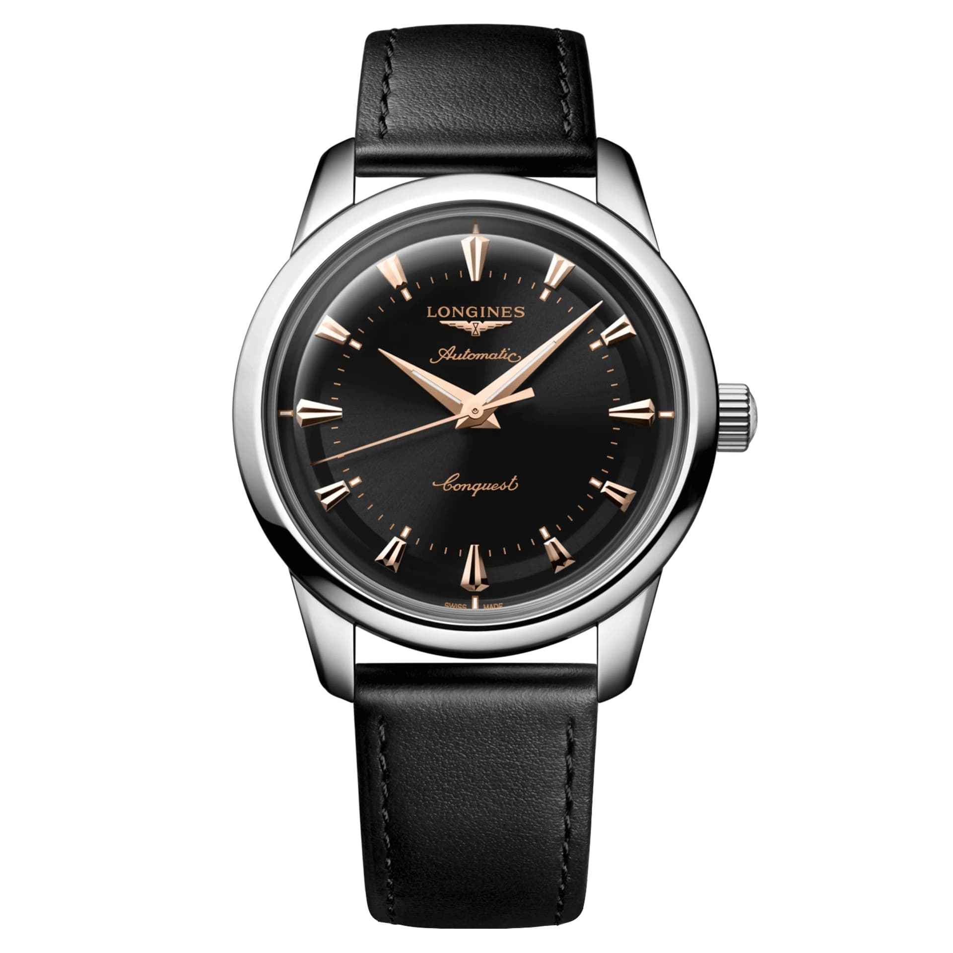 Longines Montre Longines Conquest Heritage automatique cadran noir bracelet cuir noir 40 mm