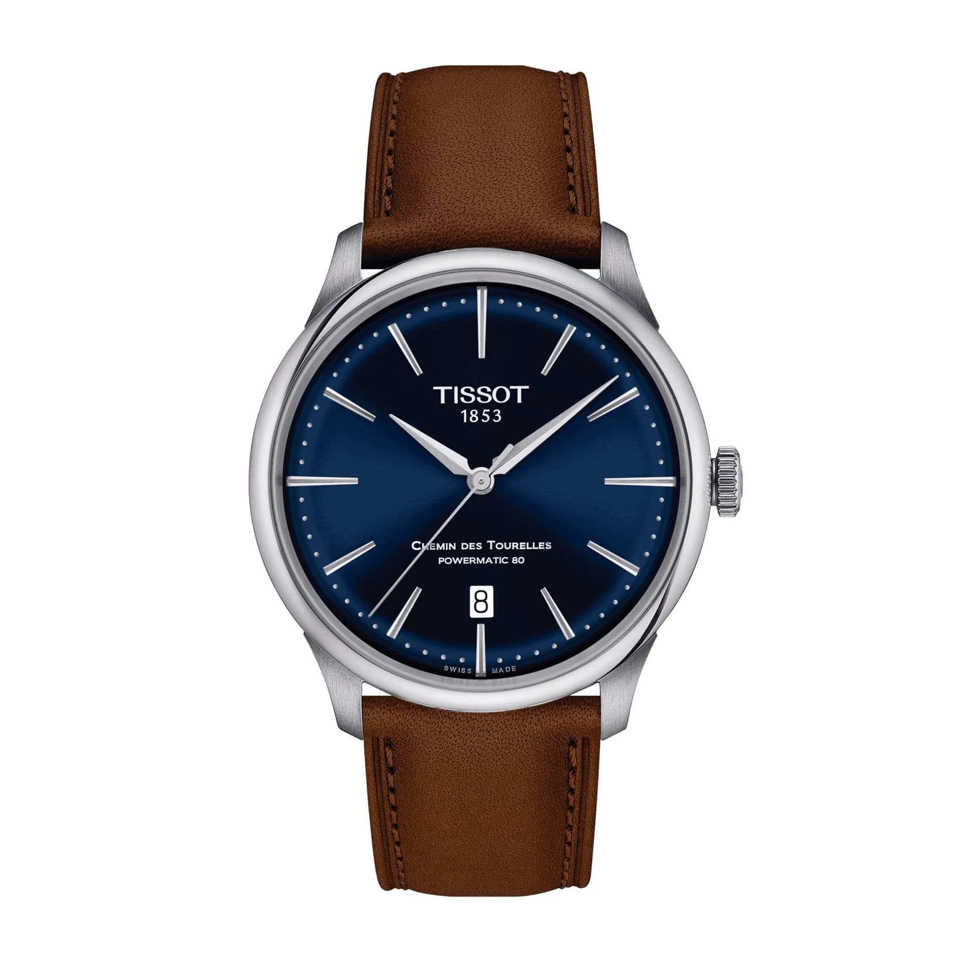Tissot Montre Tissot T-Classic Chemin des Tourelles Powermatic 80 cadran bleu bracelet cuir brun 39 mm