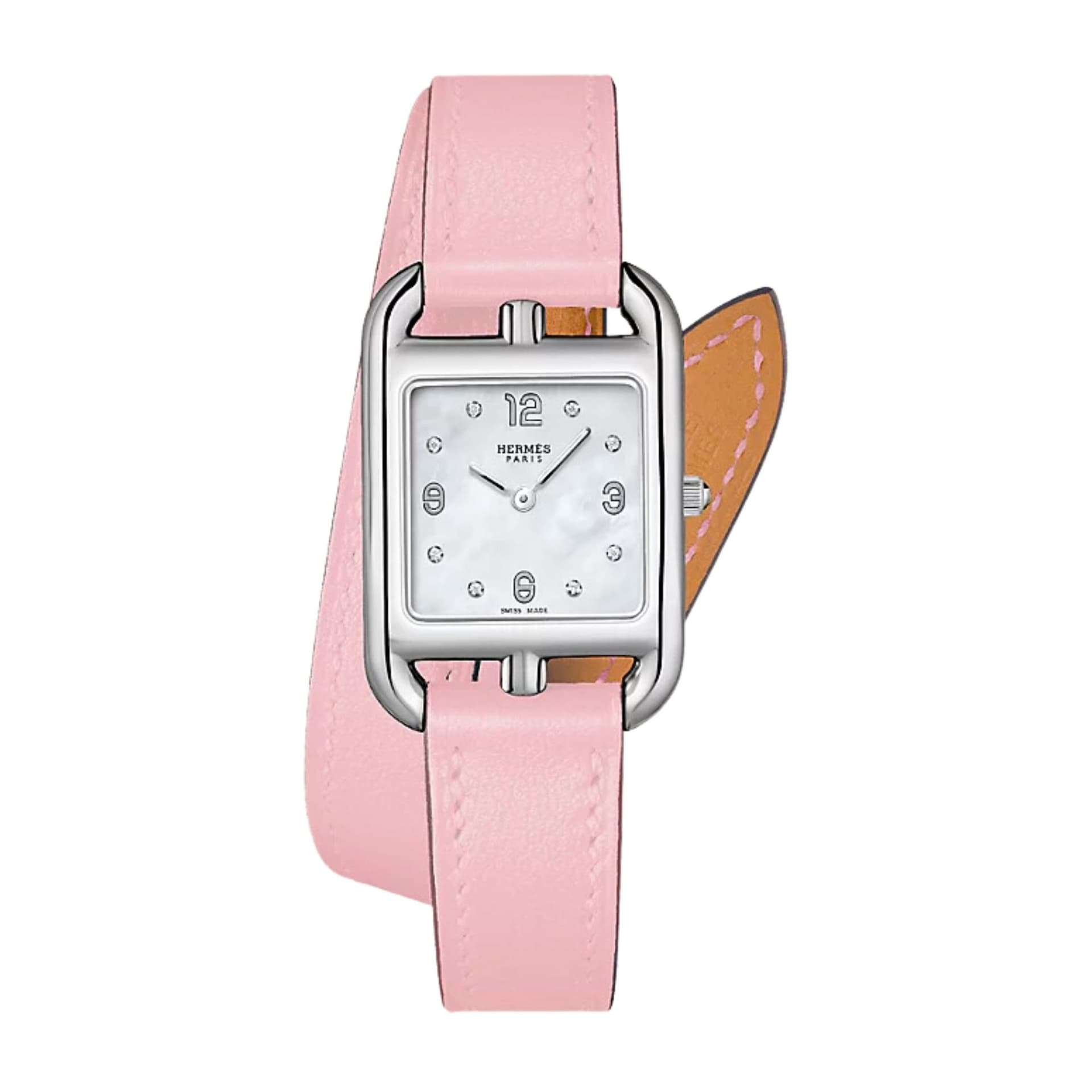 Hermès Montre HERMÈS Cape Cod Petit Modèle quartz cadran nacre serti bracelet double tour cuir rose 31 mm