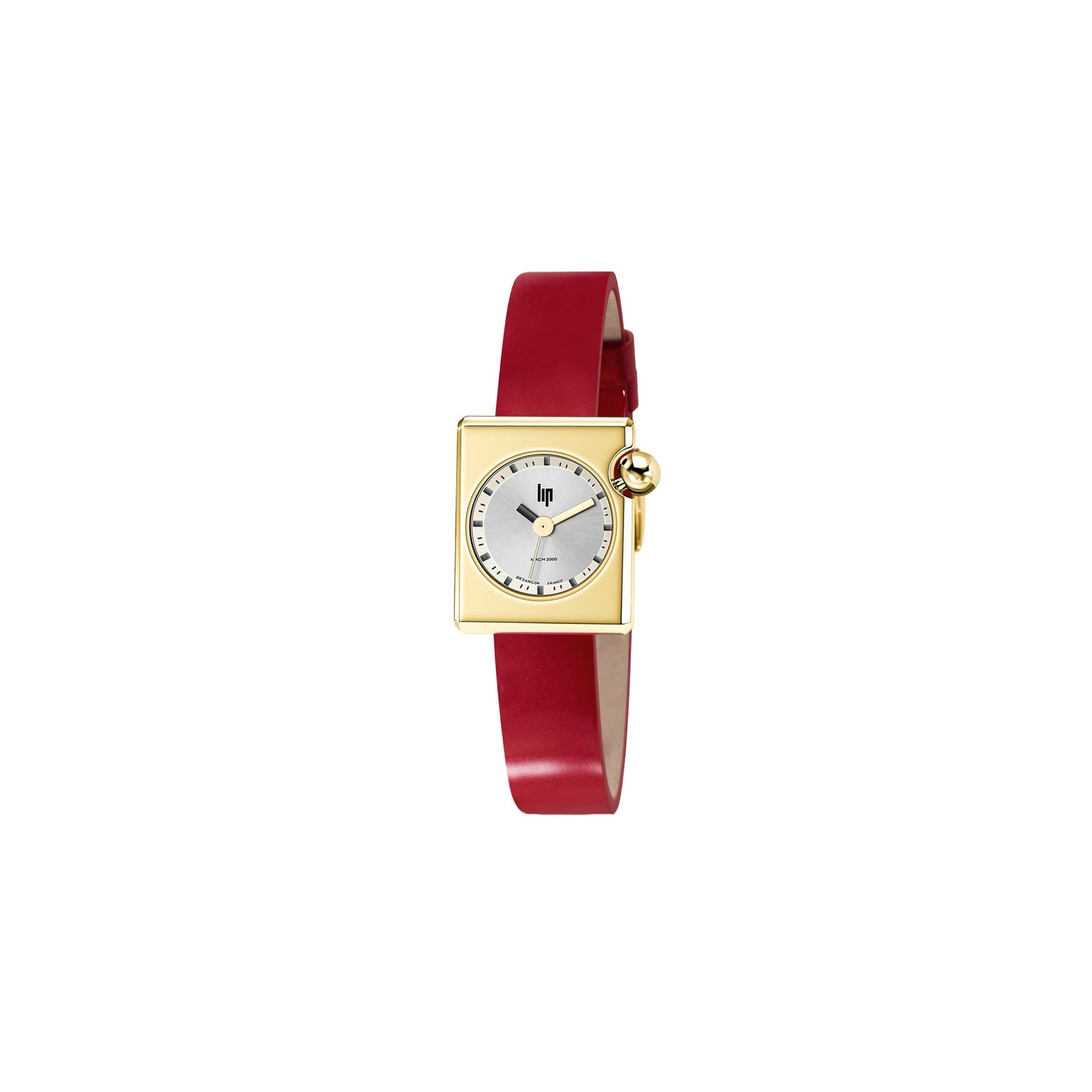 Lip Montre Lip Mach 2000 Mini Square PVD Or jaune quartz cadran argenté bracelet cuir rouge 30 x 28 mm