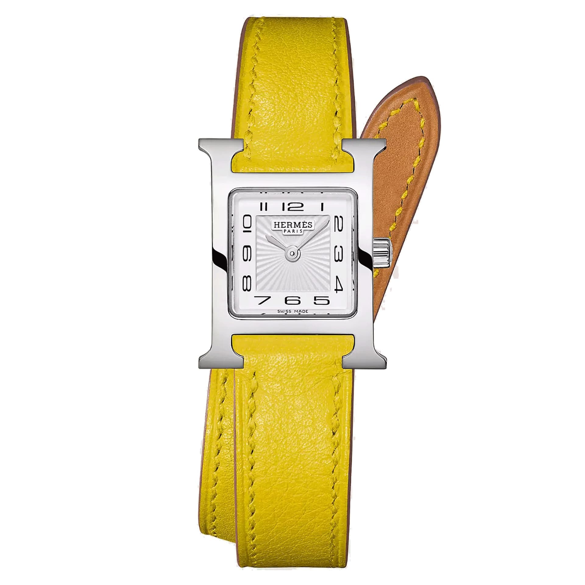 Hermès Montre HERMÈS Heure H Mini Modèle quartz cadran blanc bracelet double tour cuir jaune 21 mm