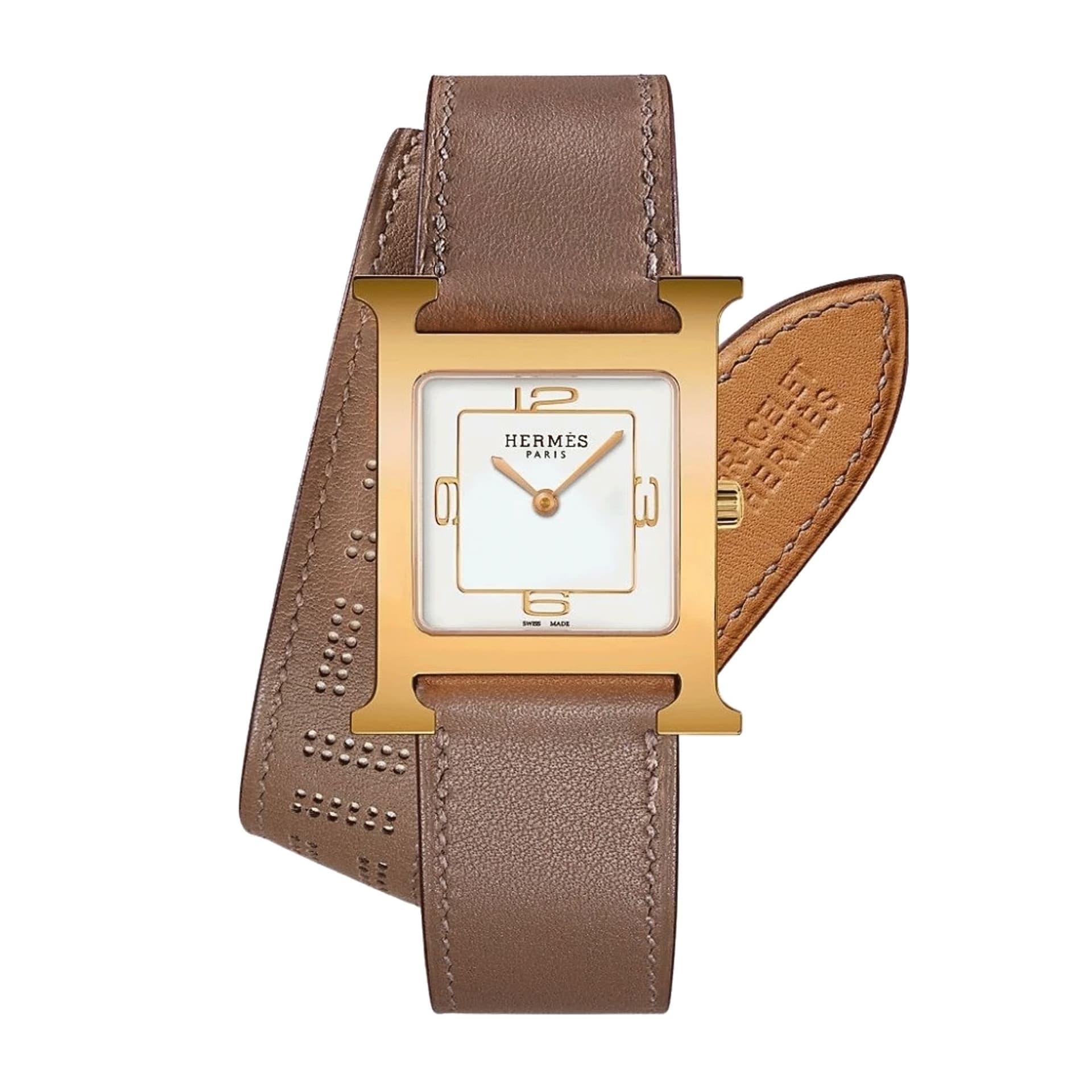Hermès Montre HERMÈS Heure H PVD jaune quartz cadran blanc bracelet cuir double tour marron 26 mm
