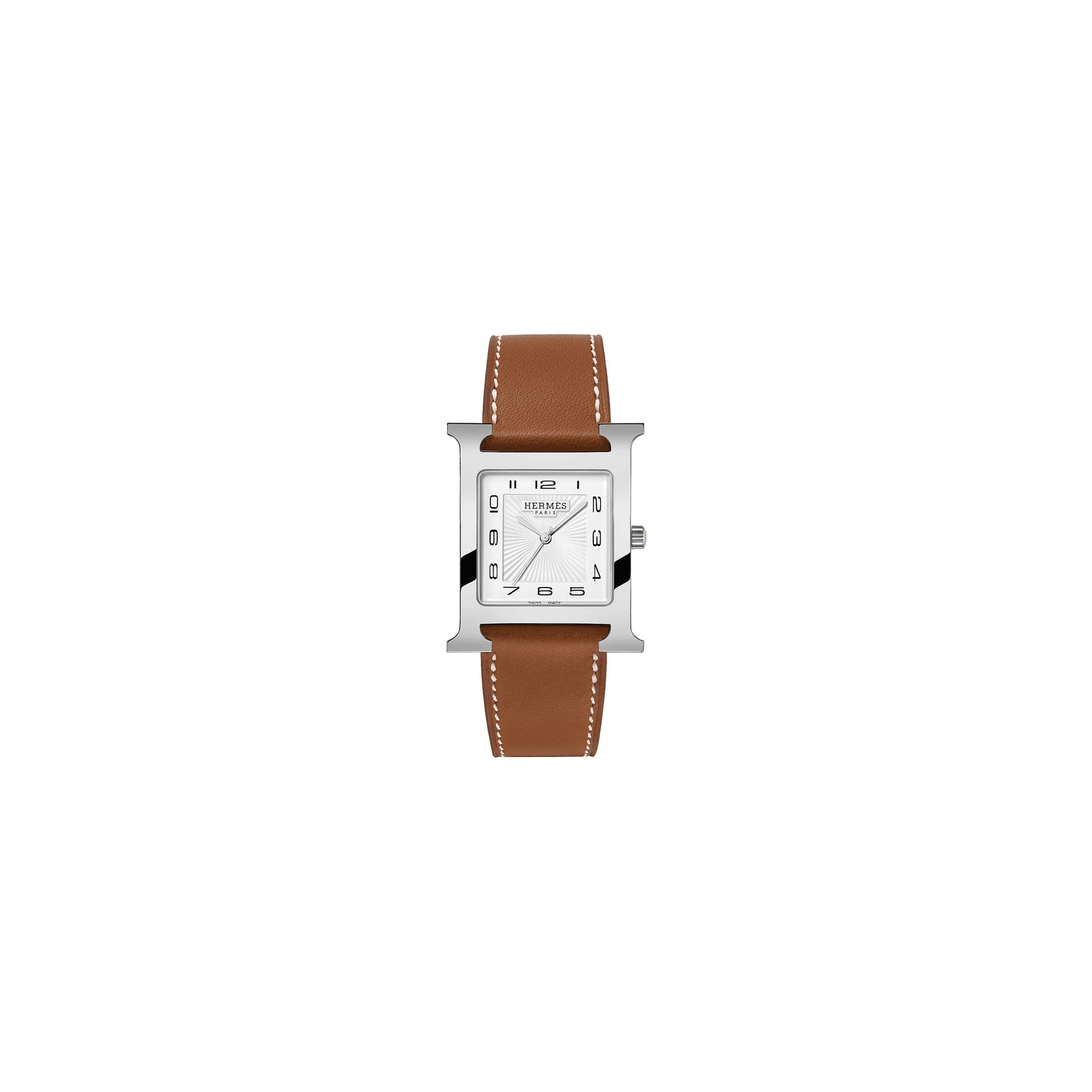 Hermès Montre HERMÈS Heure H Grand Modèle quartz cadran blanc bracelet cuir marron 34 mm