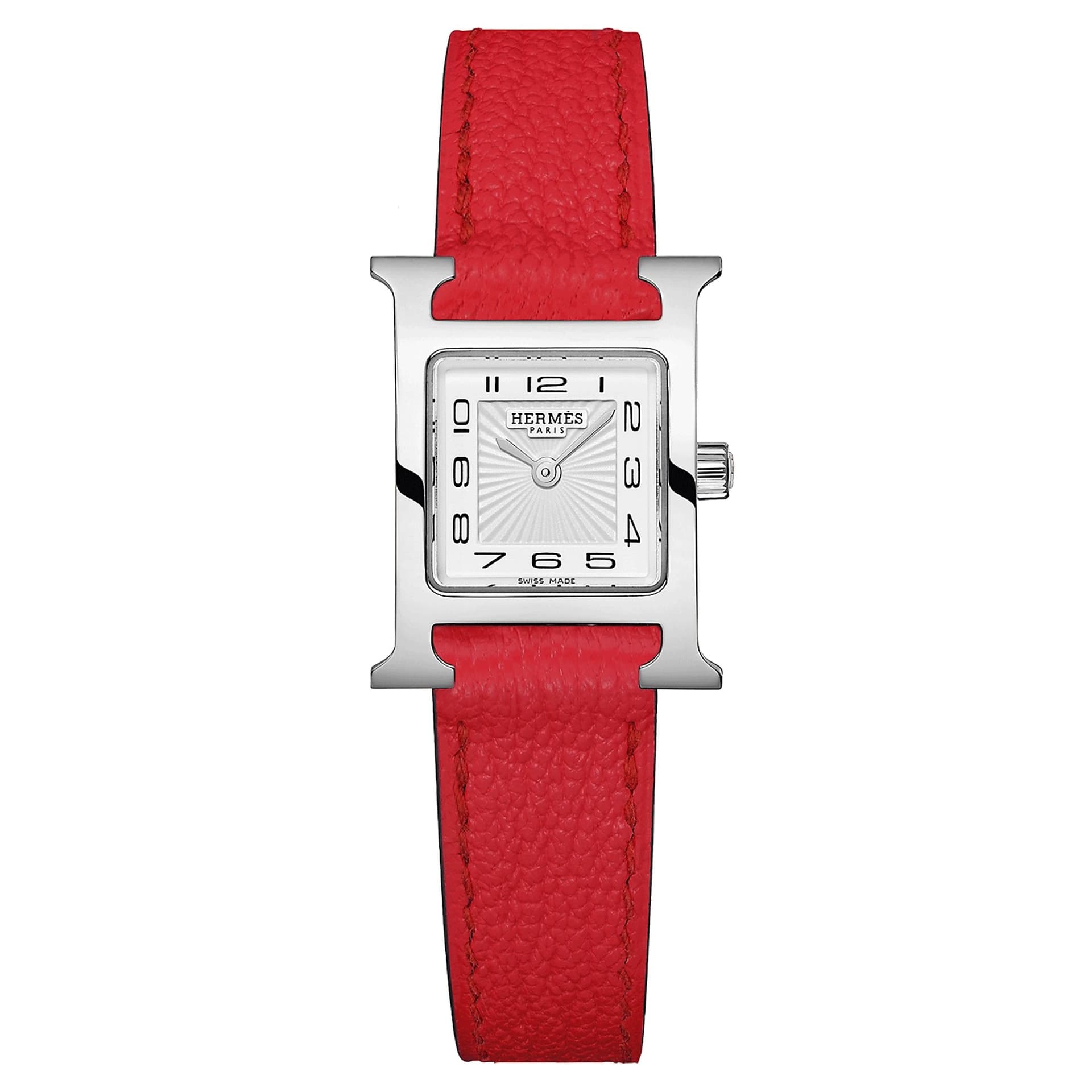 Hermès Montre HERMÈS Heure H Mini Modèle quartz cadran blanc bracelet cuir rouge 21 mm
