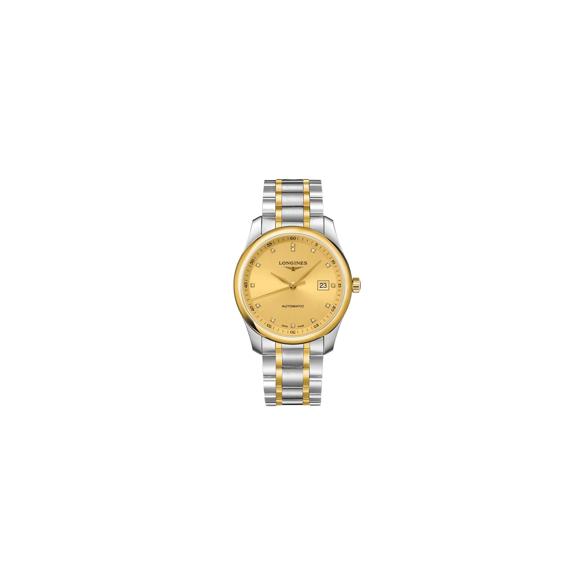 Longines Montre Longines Master Collection automatique index diamants cadran doré bracelet acier et or jaune 40 mm