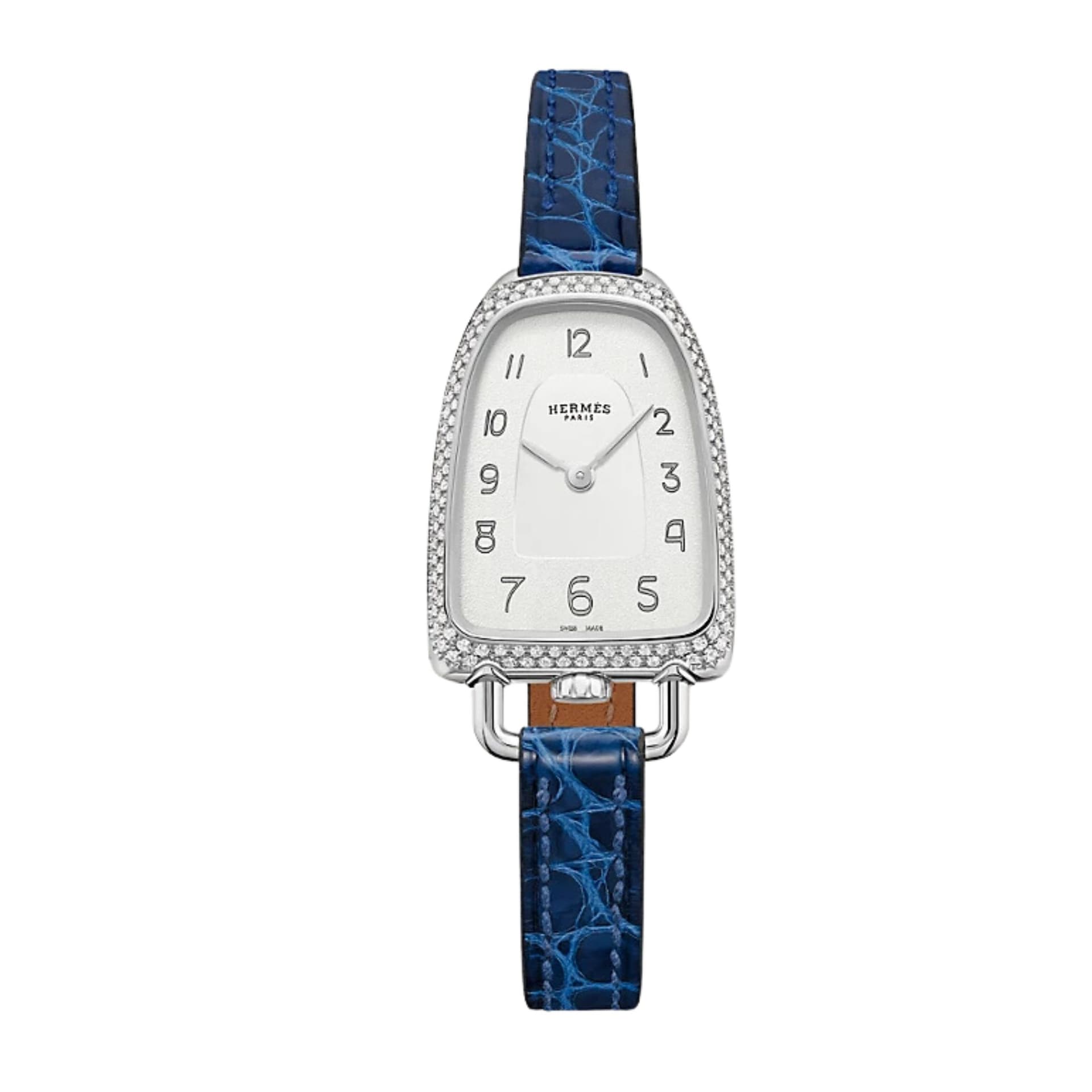 Hermès Montre HERMÈS Galop d'Hermès Moyen Modèle sertie quartz cadran argent bracelet cuir bleu 32 mm