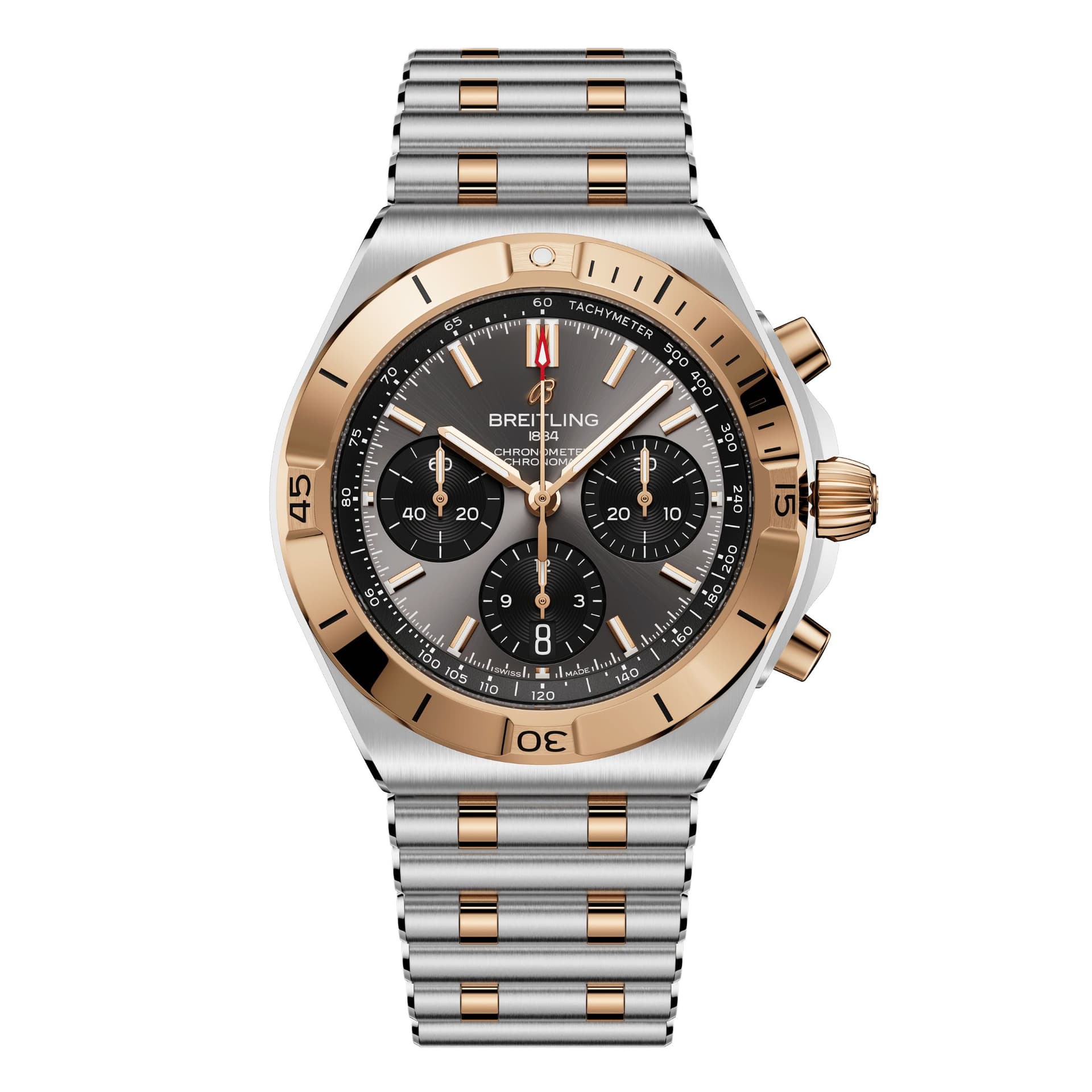 Breitling Montre Breitling Chronomat B01 Chronograph automatique lunette or rouge cadran anthracite bracelet acier 42 mm