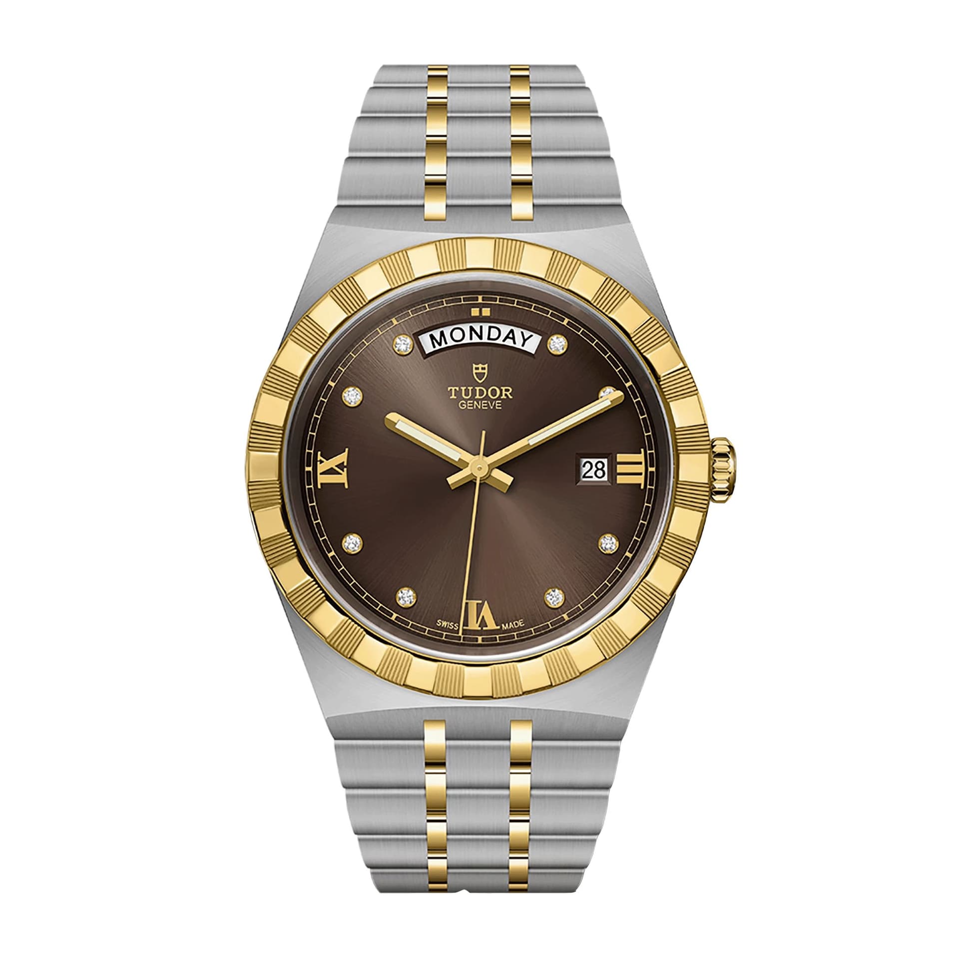 Tudor Montre Tudor Royal automatique lunette or jaune index diamants cadran chocolat bracelet acier et or jaune 41 mm