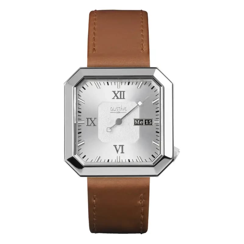 Gustave & Cie Montre 12H Marie Argent & Blanc Cuir Marron Havane Surpiqué 34mm