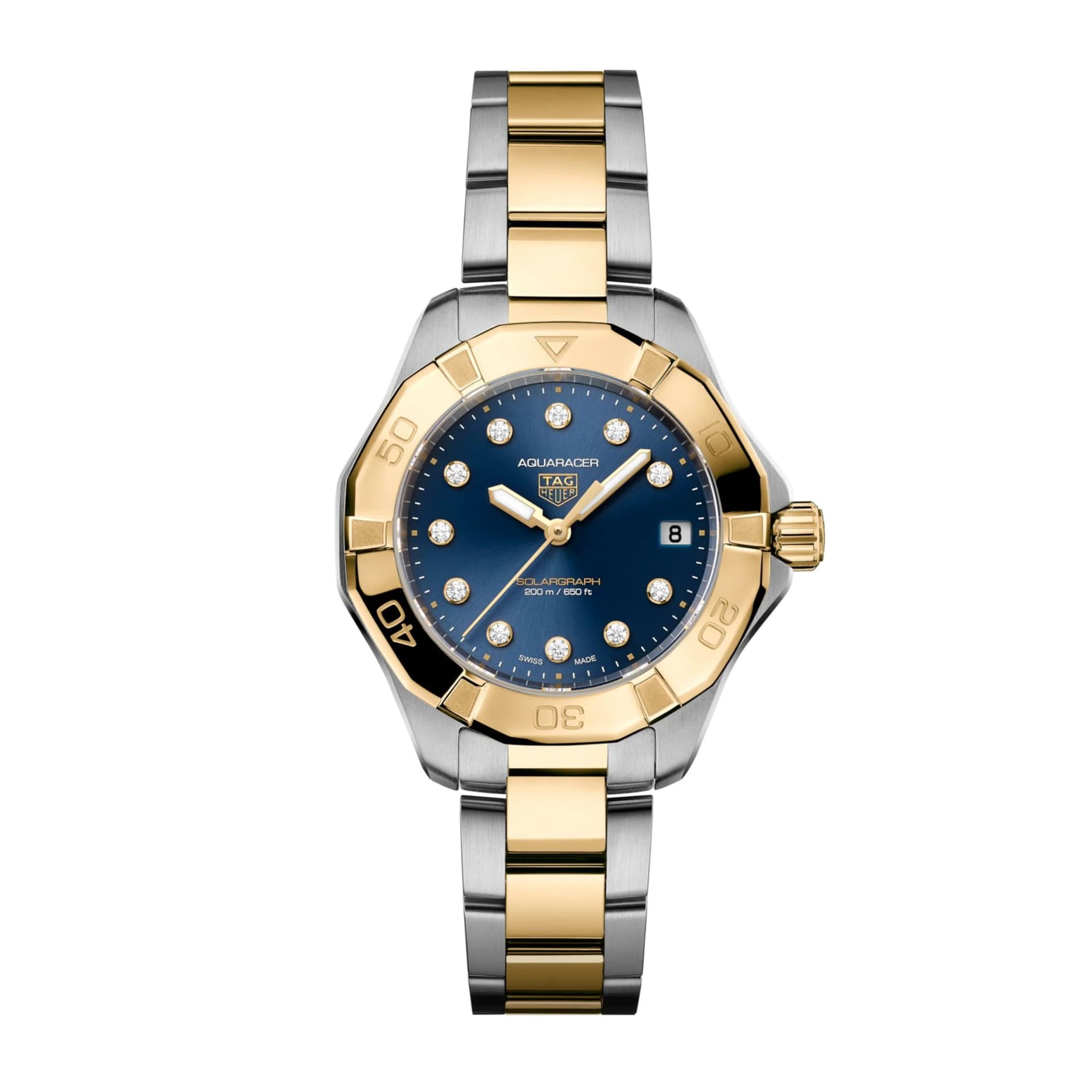 TAG Heuer Montre TAG Heuer Aquaracer Professional 200 Solargraph solaire index diamants cadran noir bracelet or jaune et acier 34 mm